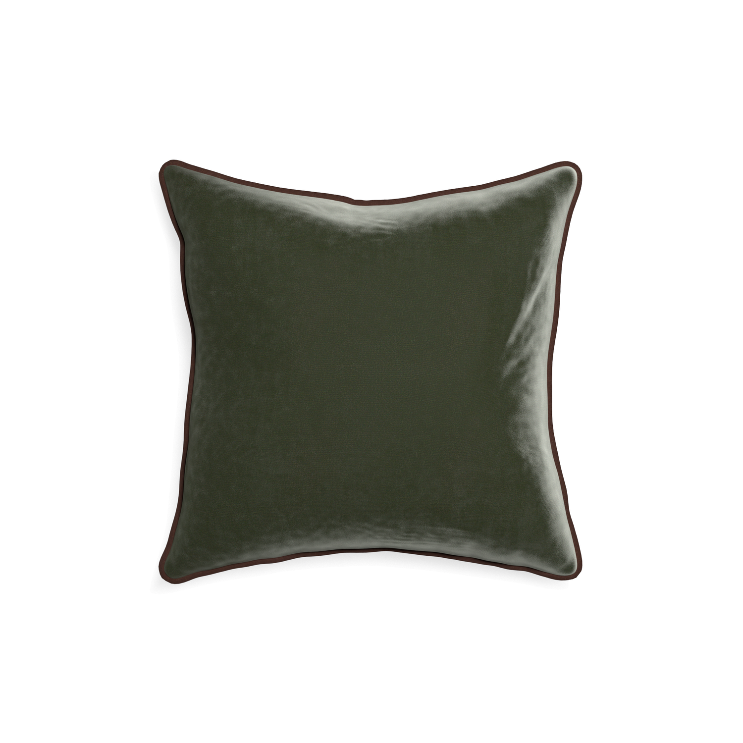 square fern green velvet pillow with brown piping
