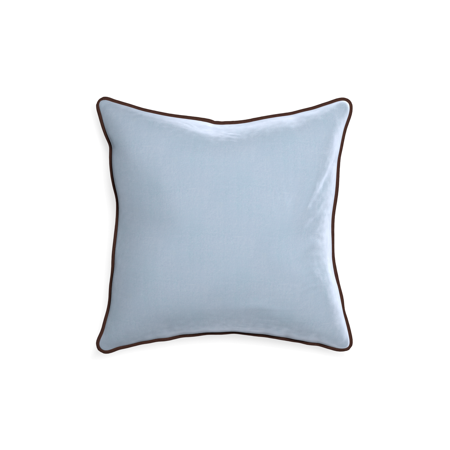 square light blue velvet pillow with brown piping