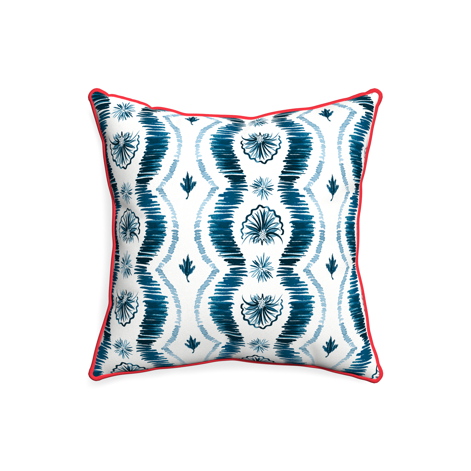 20-square alice custom blue ikatpillow with cherry piping on white background