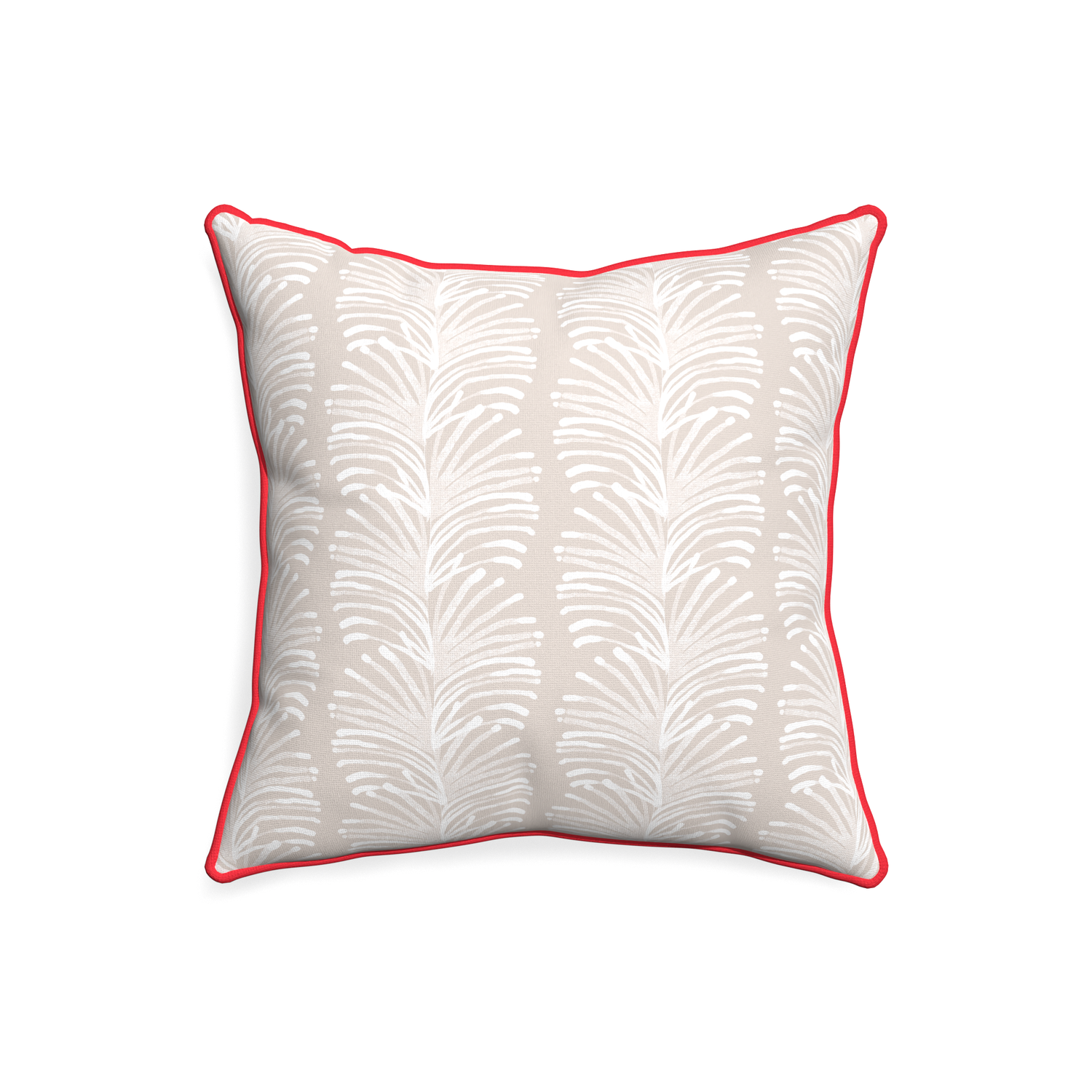 20-square emma sand custom pillow with cherry piping on white background