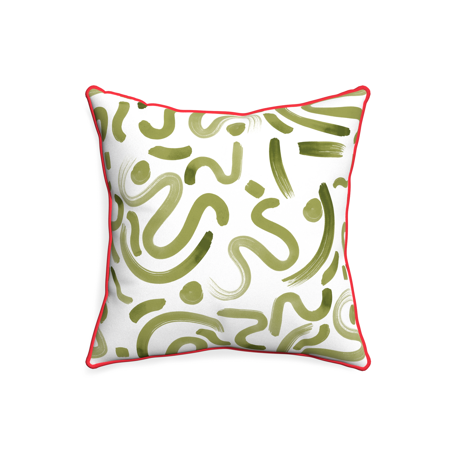 20-square hockney moss custom pillow with cherry piping on white background