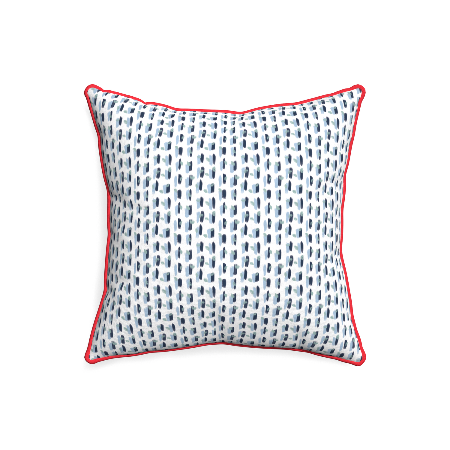 20-square poppy blue custom pillow with cherry piping on white background