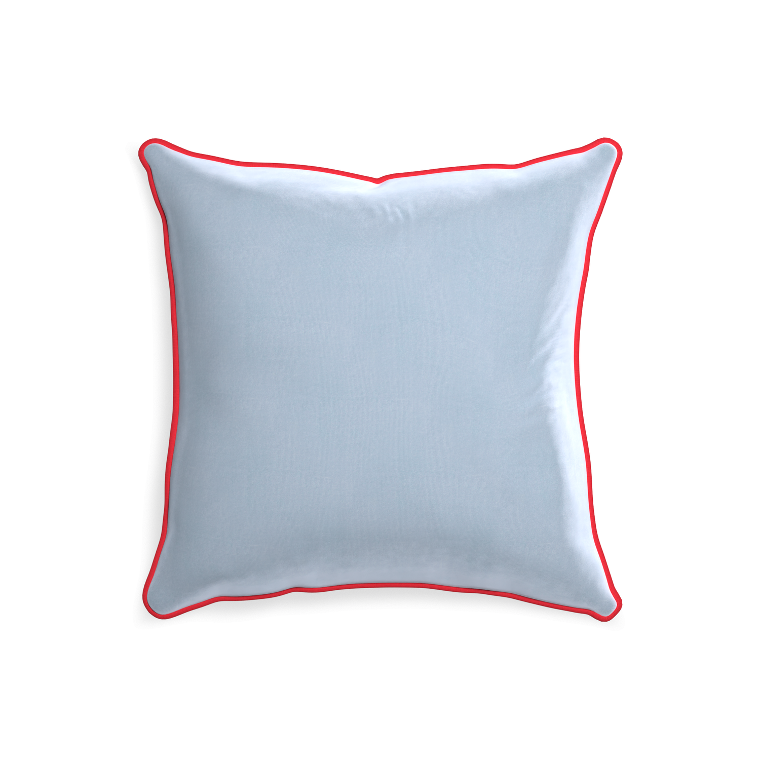 square light blue velvet pillow with red piping
