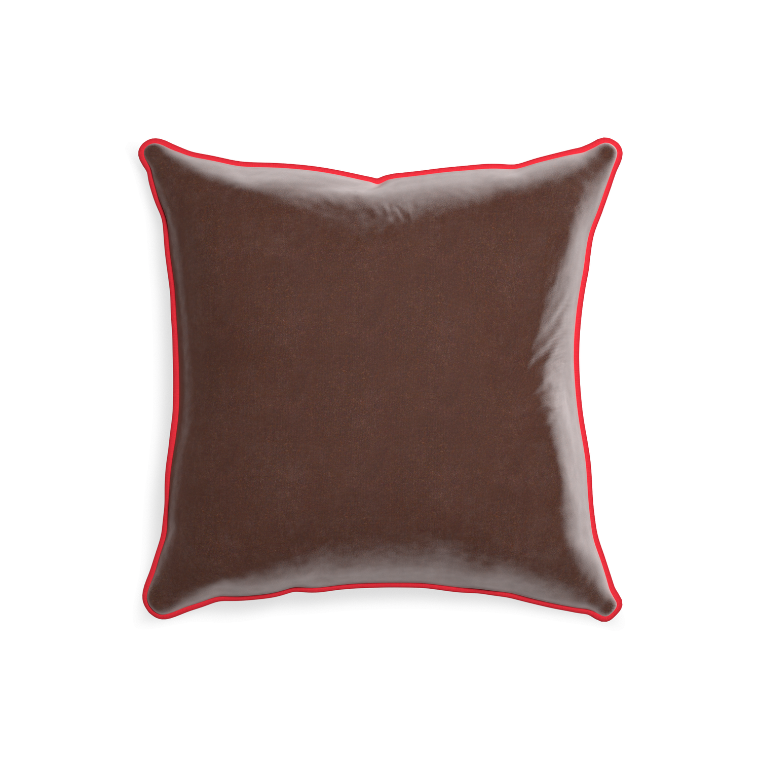20-square walnut velvet custom pillow with cherry piping on white background