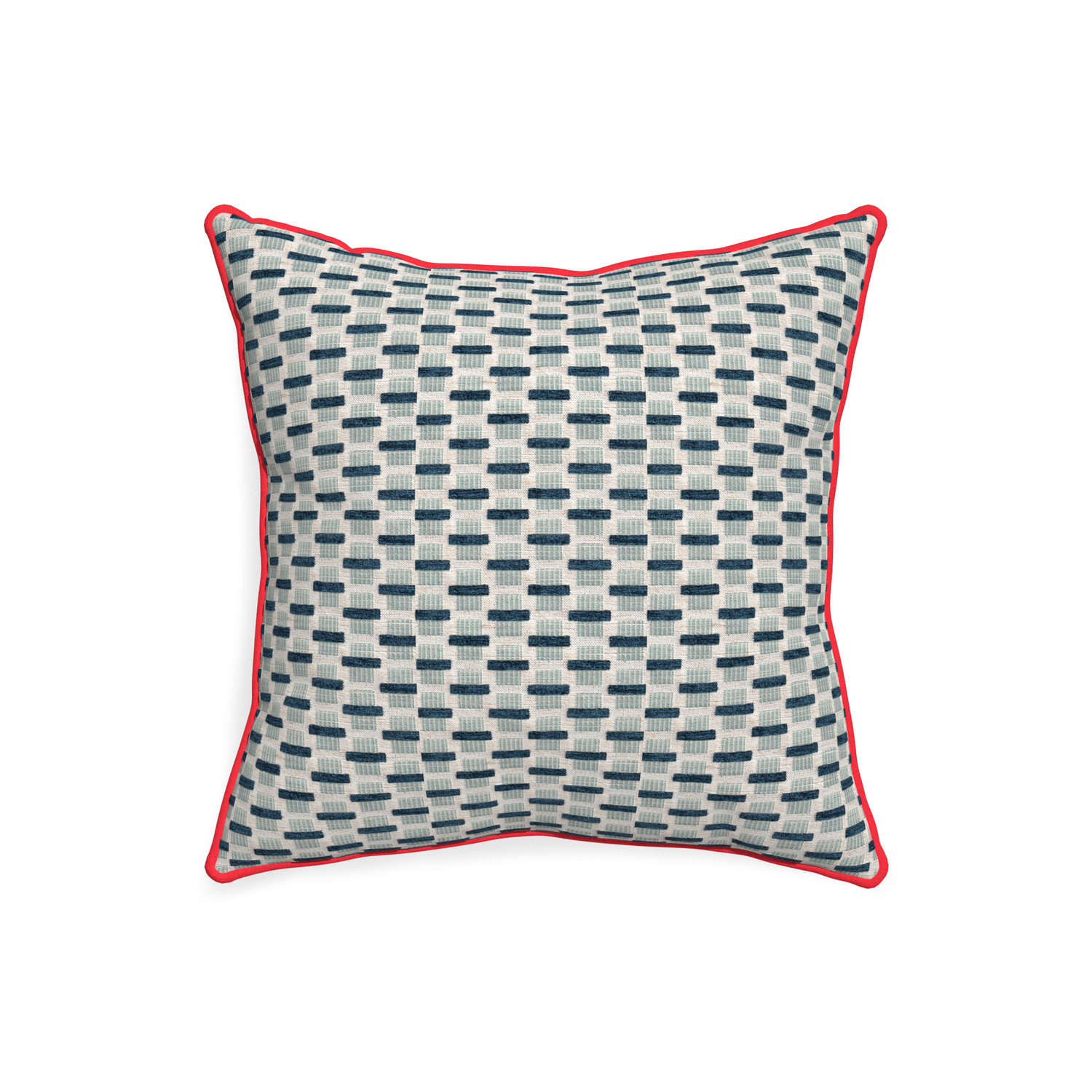 20-square willow amalfi custom blue geometric chenillepillow with cherry piping on white background