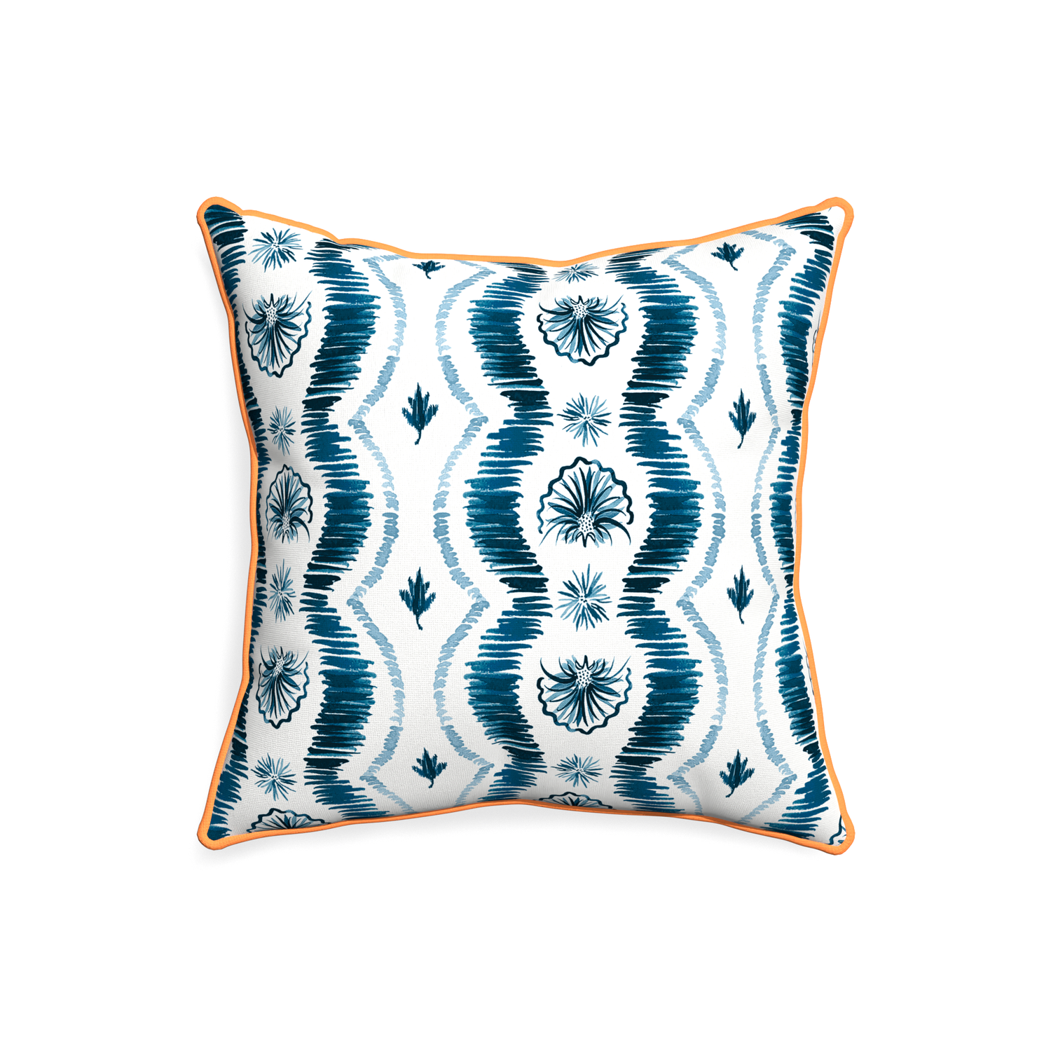 20-square alice custom blue ikatpillow with clementine piping on white background