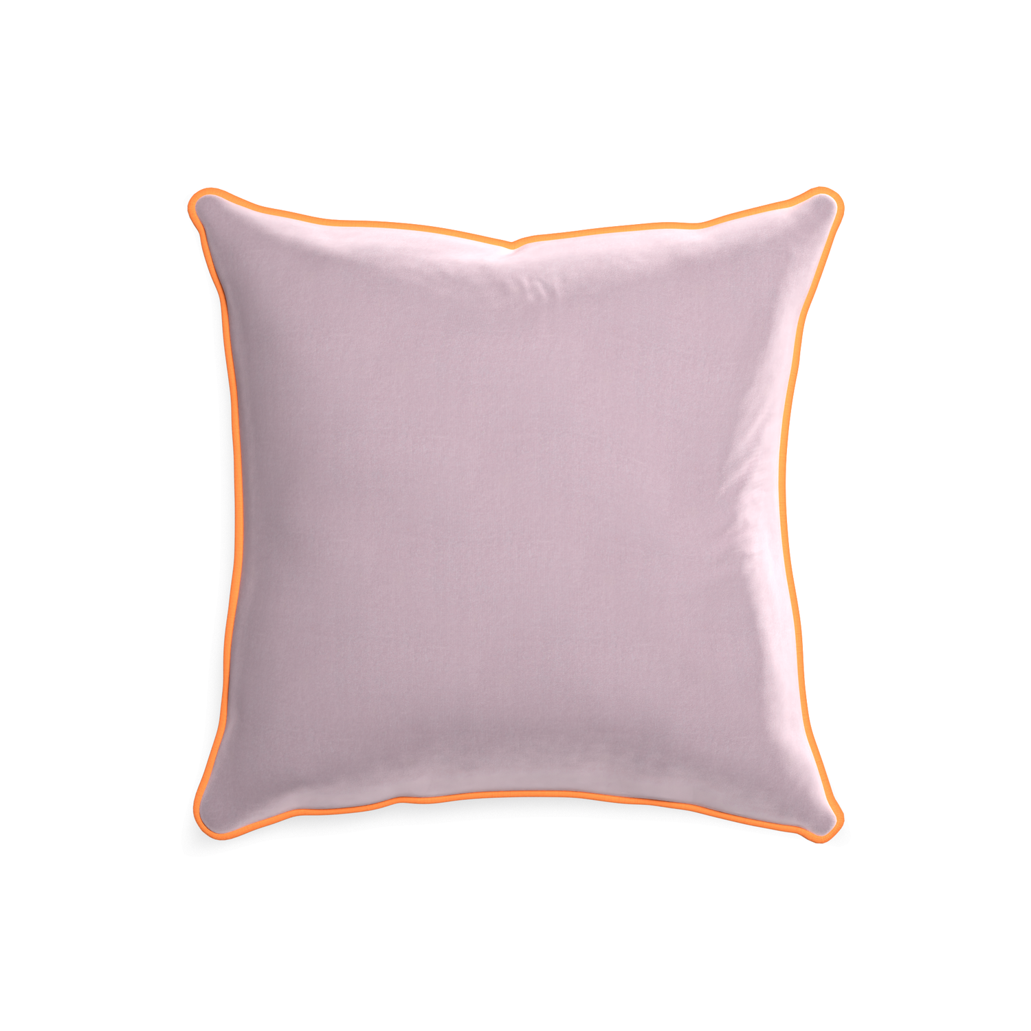 square lilac velvet pillow with orange piping