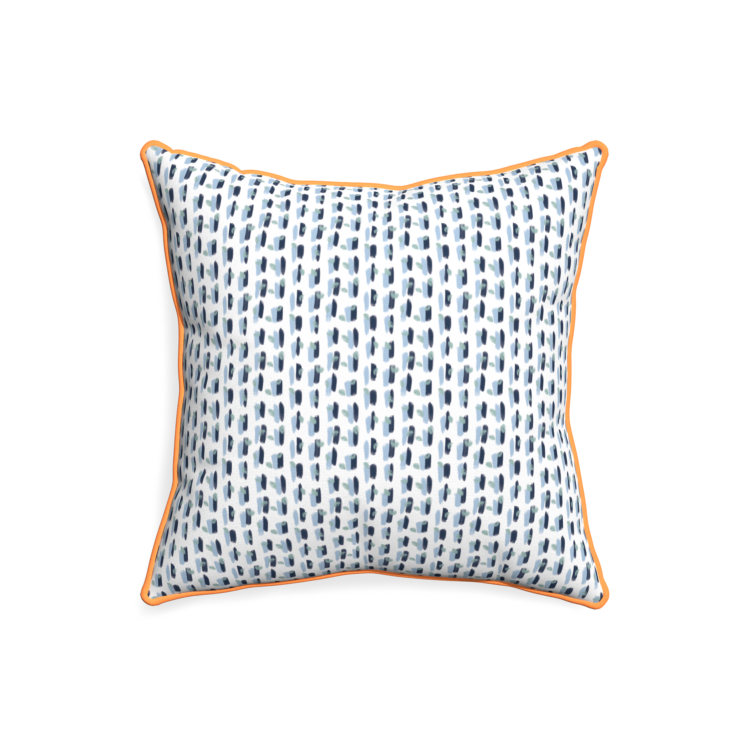 20-square poppy blue custom pillow with clementine piping on white background