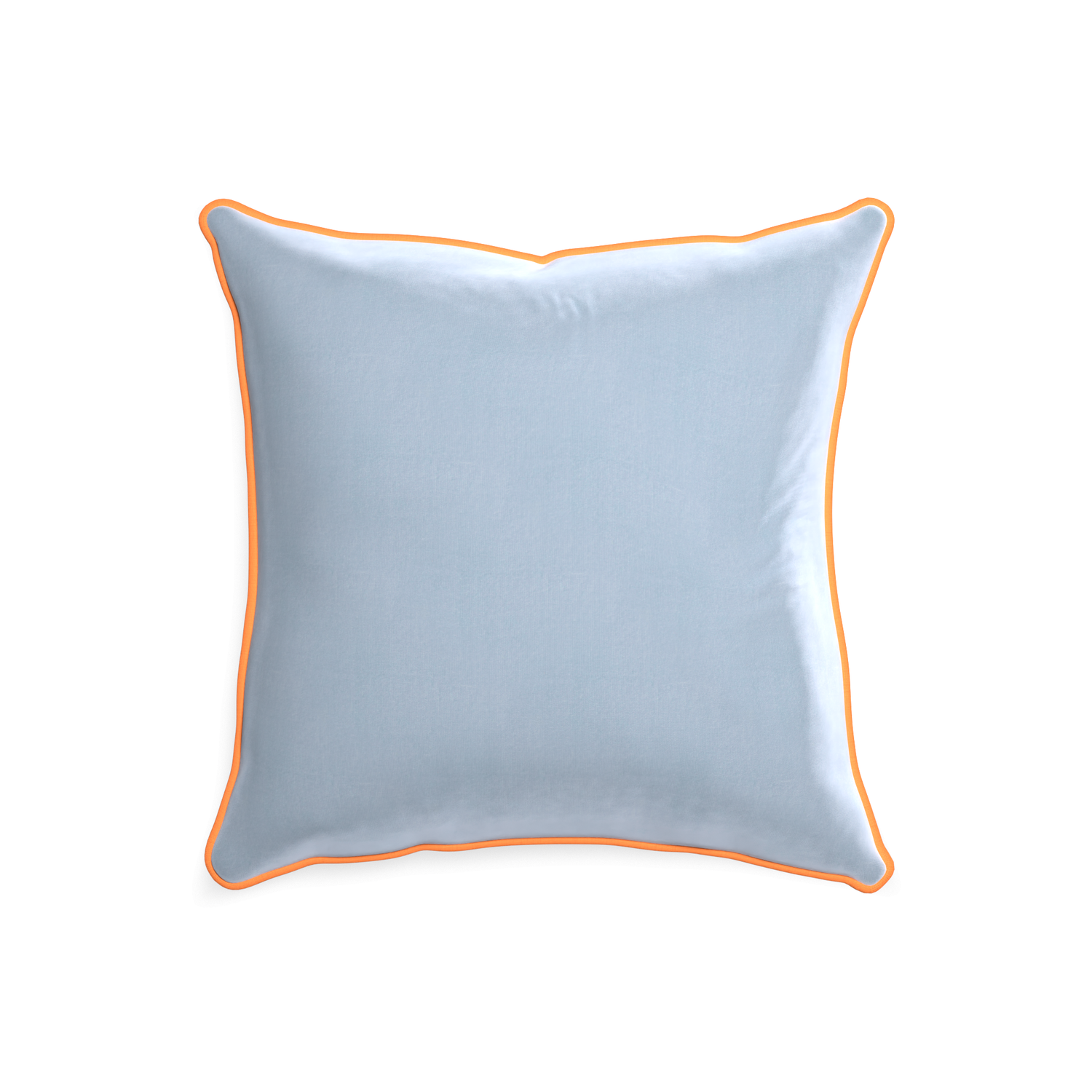 square light blue velvet pillow with orange piping 