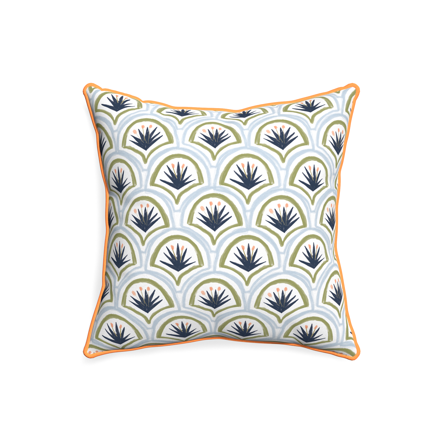 20-square thatcher midnight custom art deco palm patternpillow with clementine piping on white background