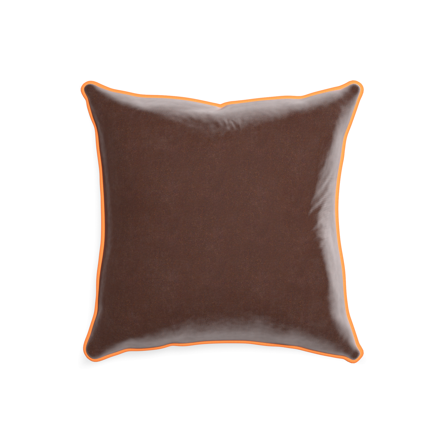20-square walnut velvet custom pillow with clementine piping on white background