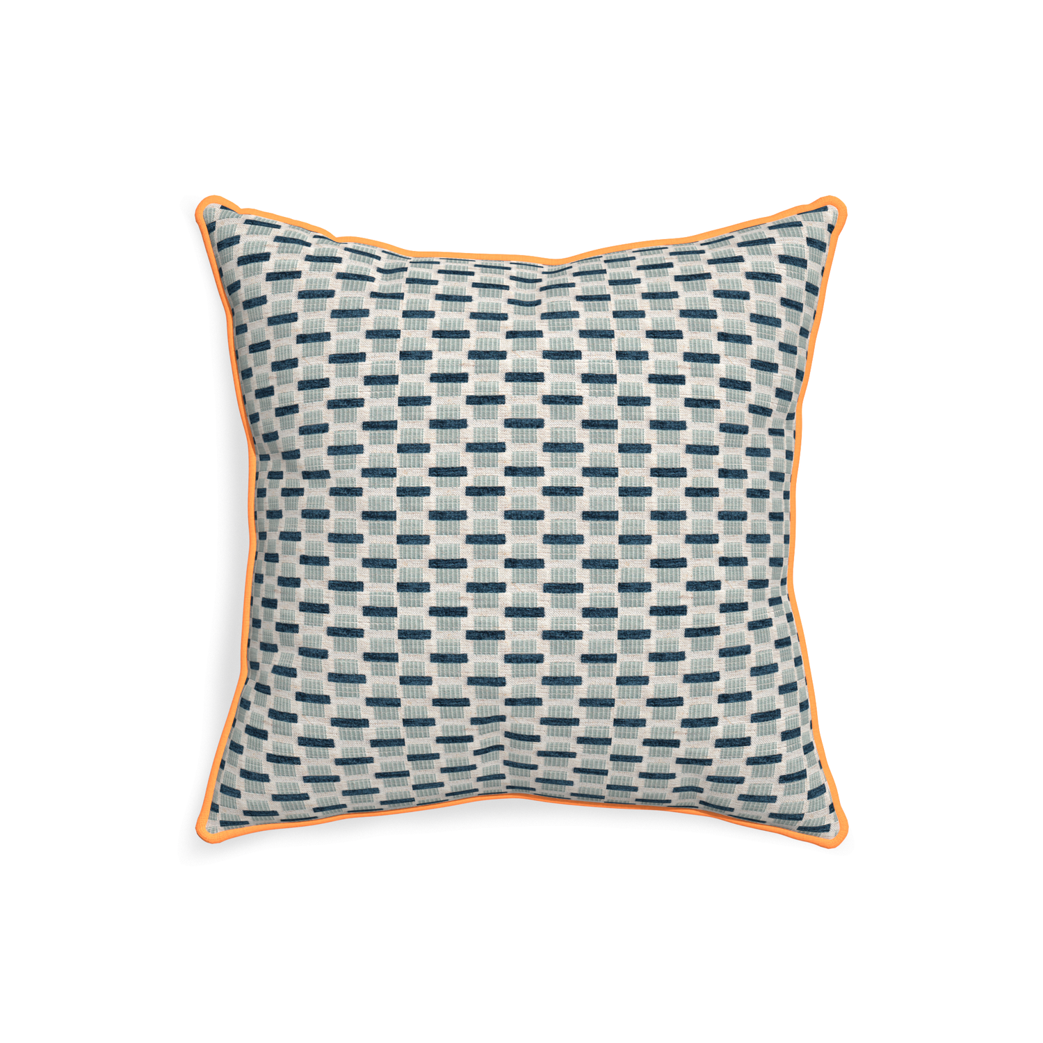 20-square willow amalfi custom blue geometric chenillepillow with clementine piping on white background