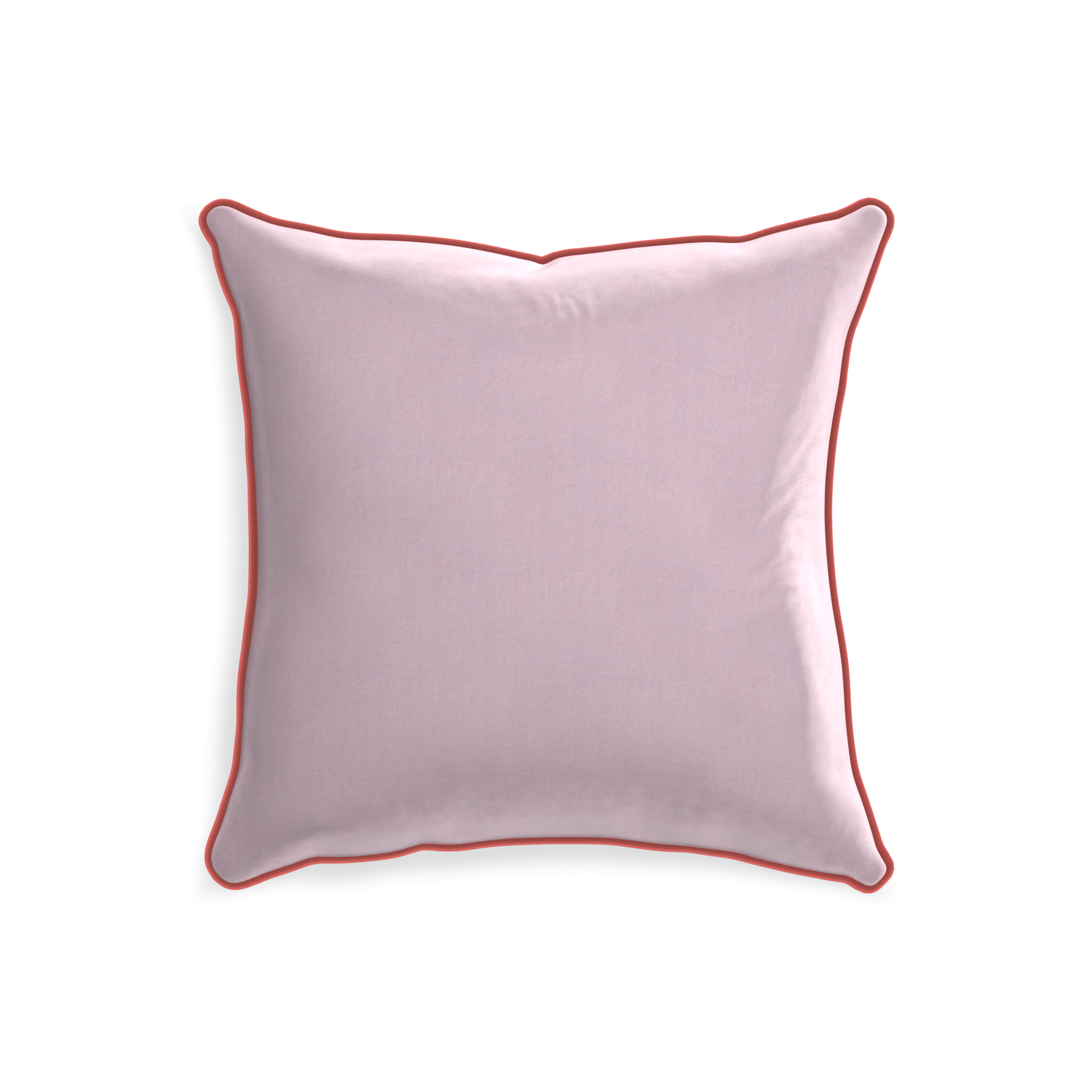 square lilac velvet pillow with coral piping