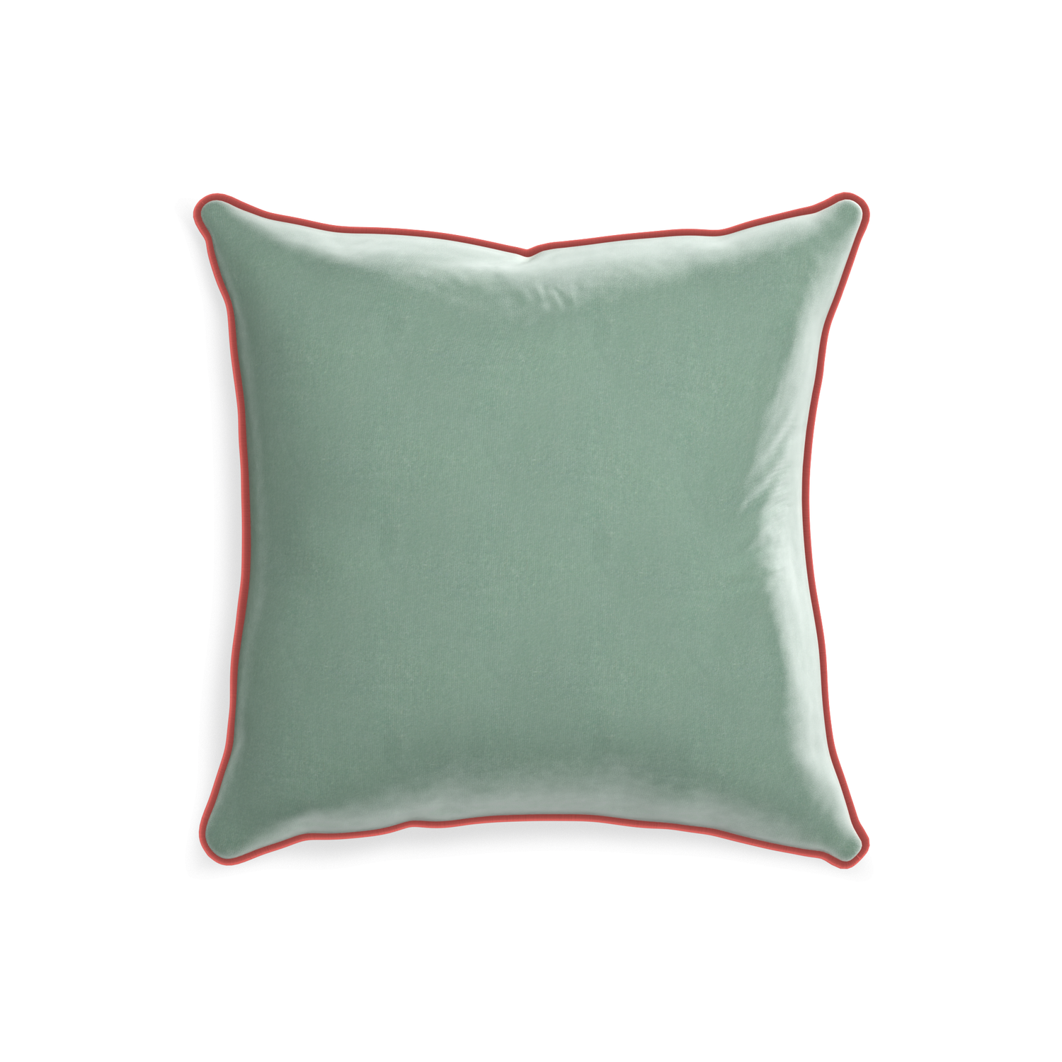 square blue green velvet pillow with coral piping