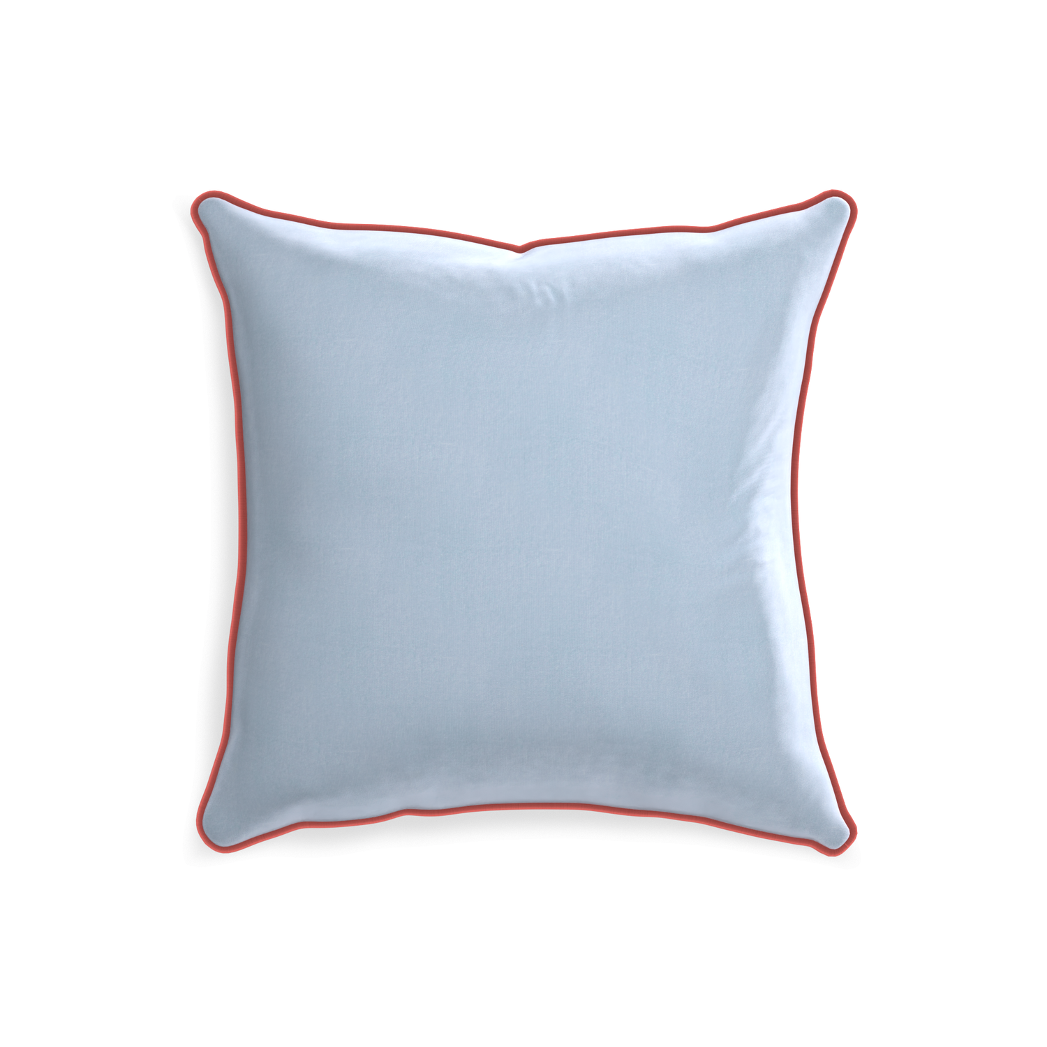 square light blue velvet pillow with coral piping