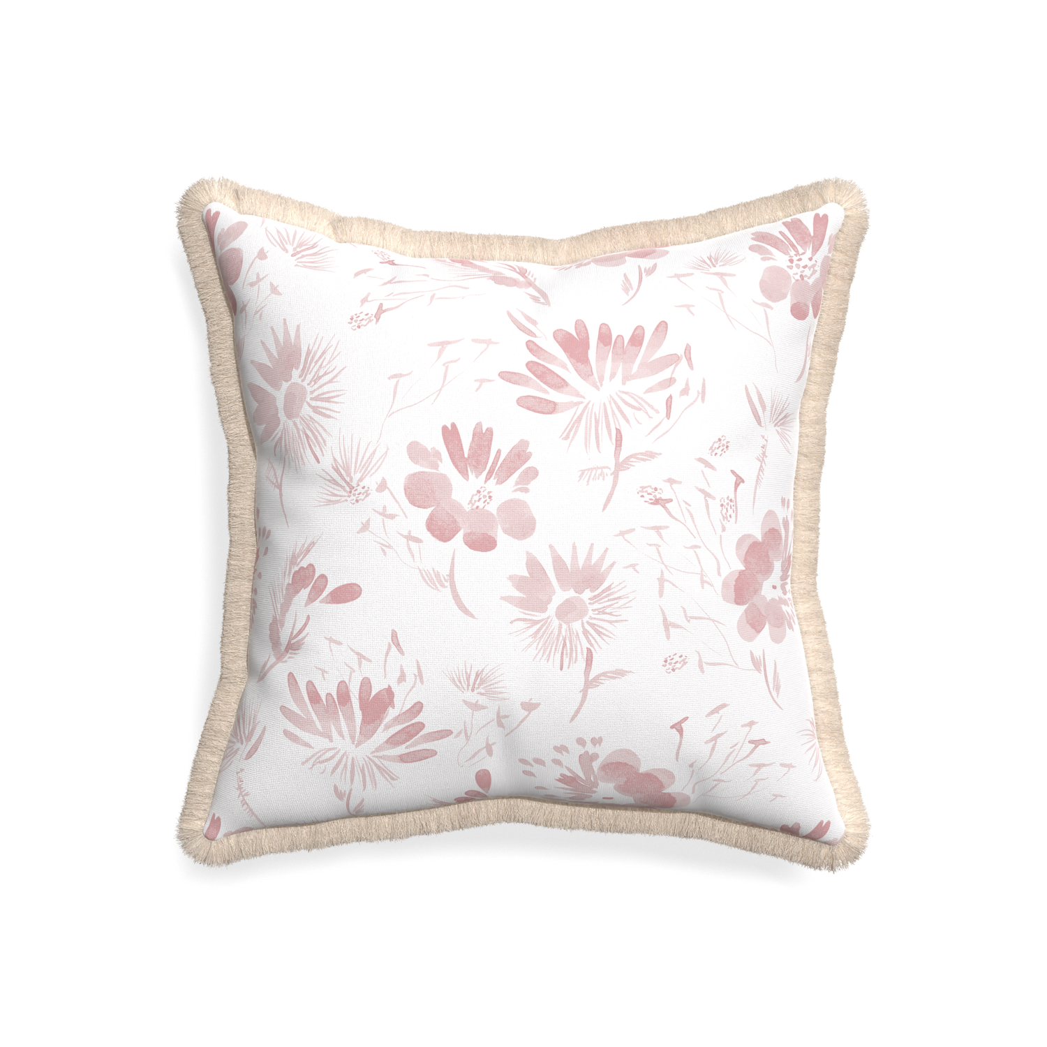 20-square blake custom pink floralpillow with cream fringe on white background