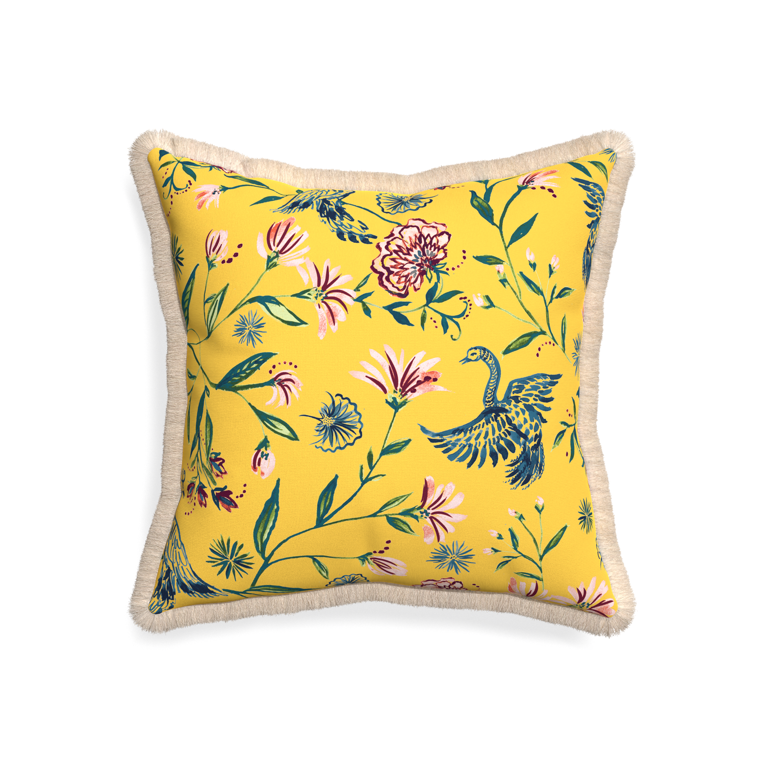 20-square daphne canary custom pillow with cream fringe on white background