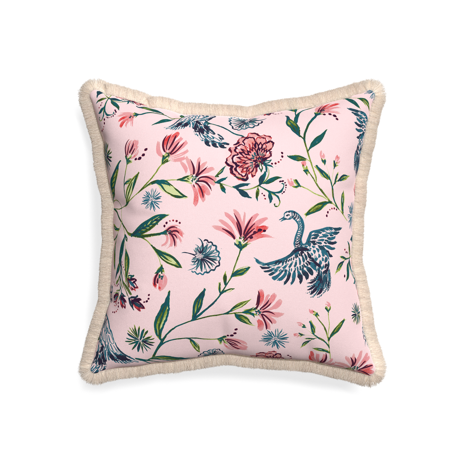 20-square daphne rose custom pillow with cream fringe on white background