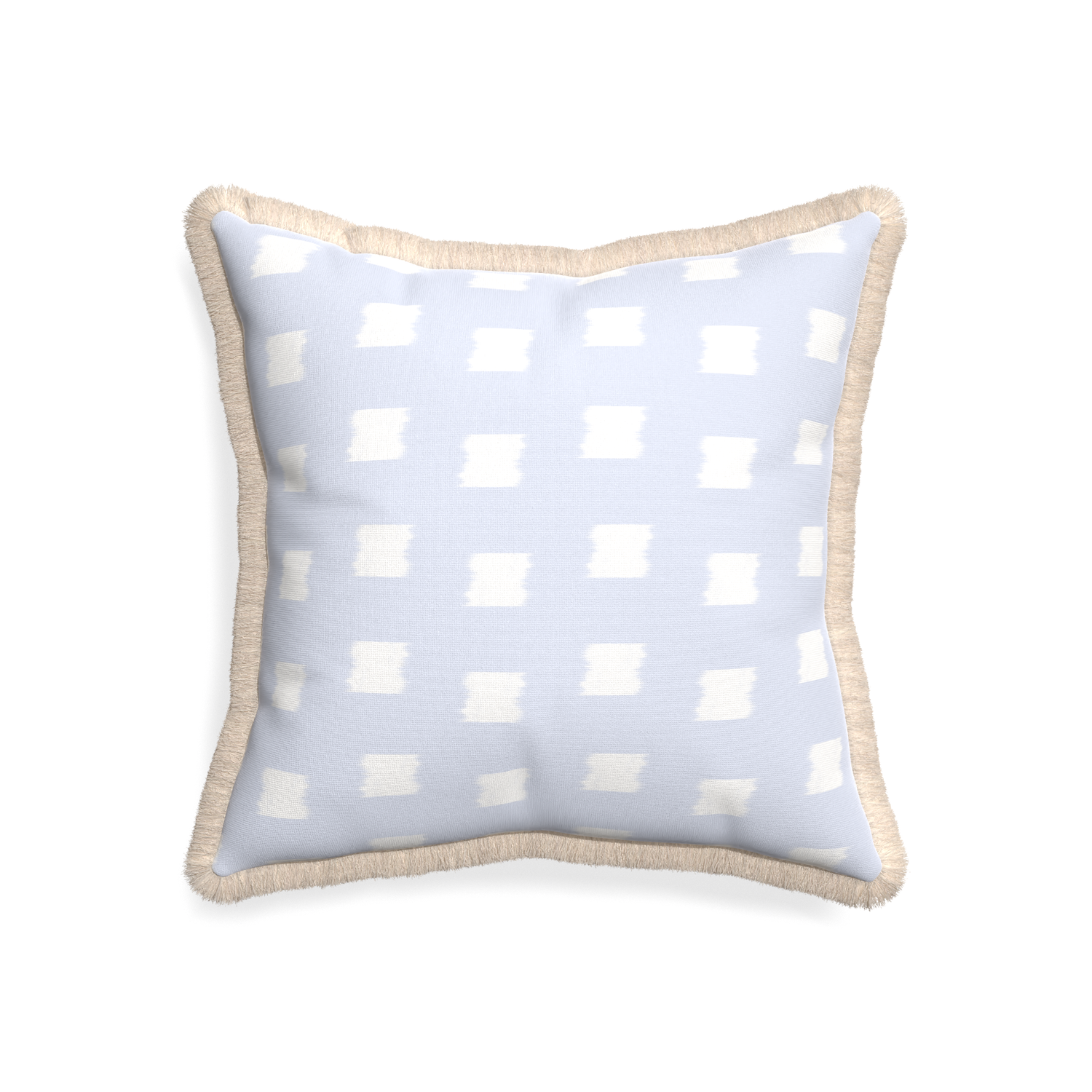 20-square denton custom sky blue patternpillow with cream fringe on white background