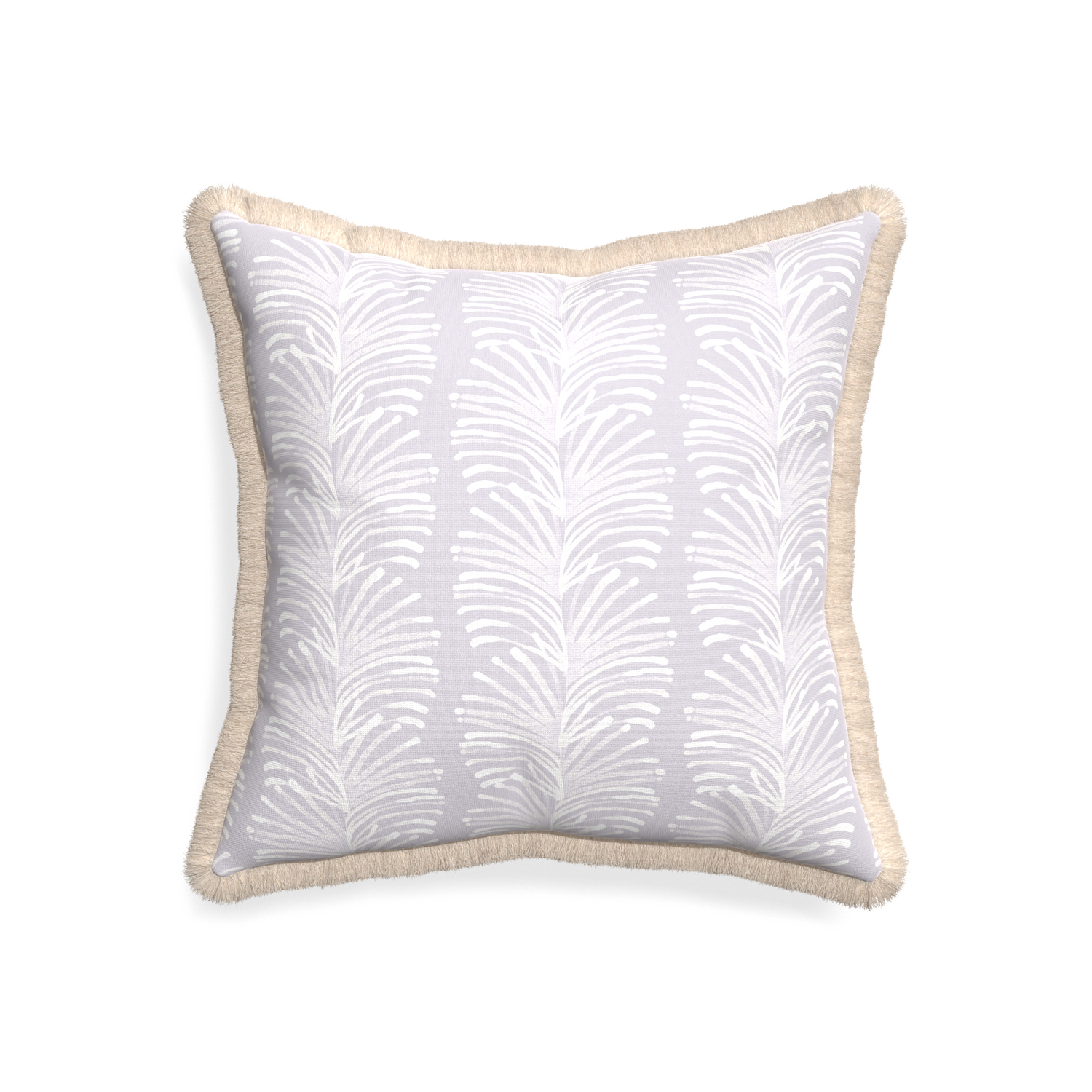 20-square emma lavender custom pillow with cream fringe on white background