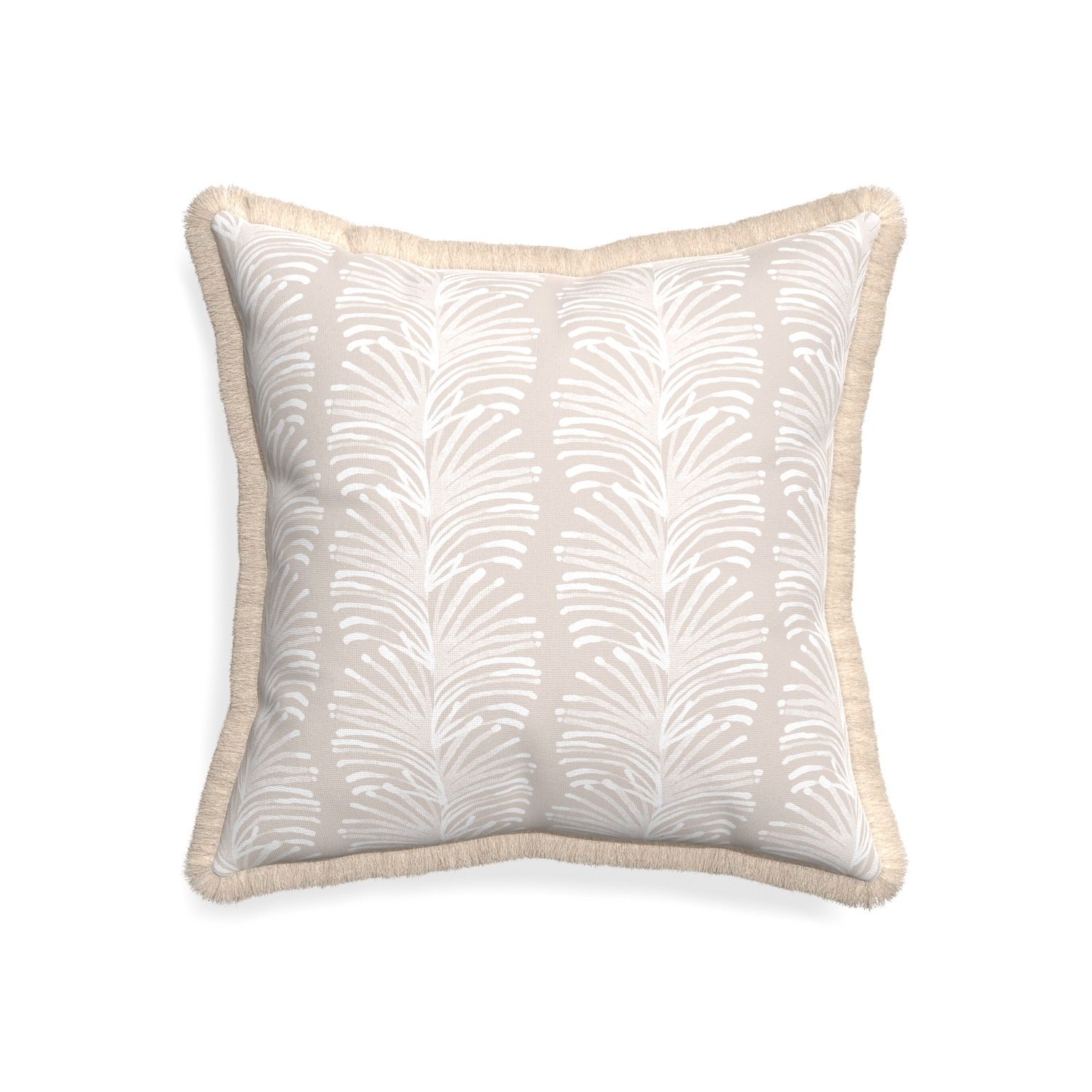 20-square emma sand custom sand colored botanical stripepillow with cream fringe on white background