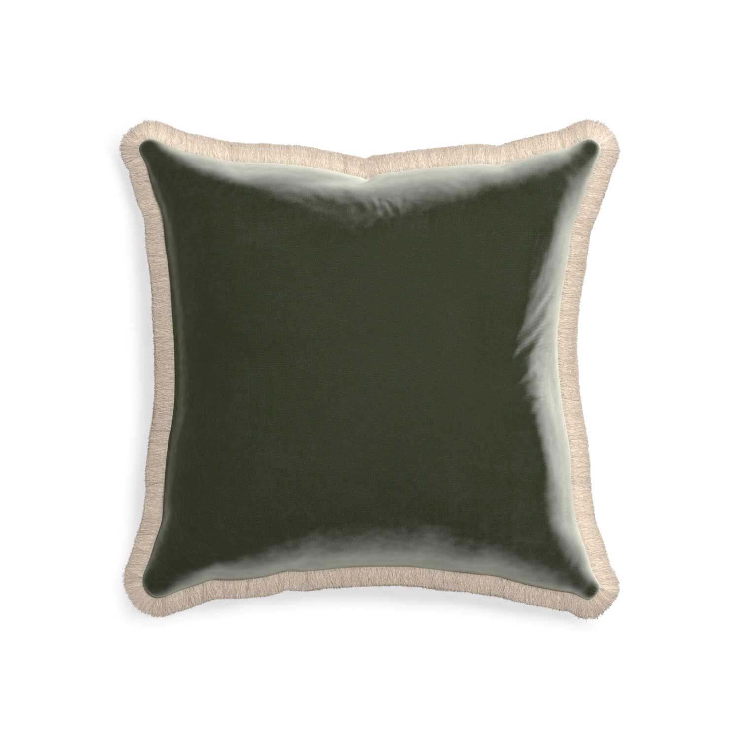 square fern green velvet pillow with cream fringe