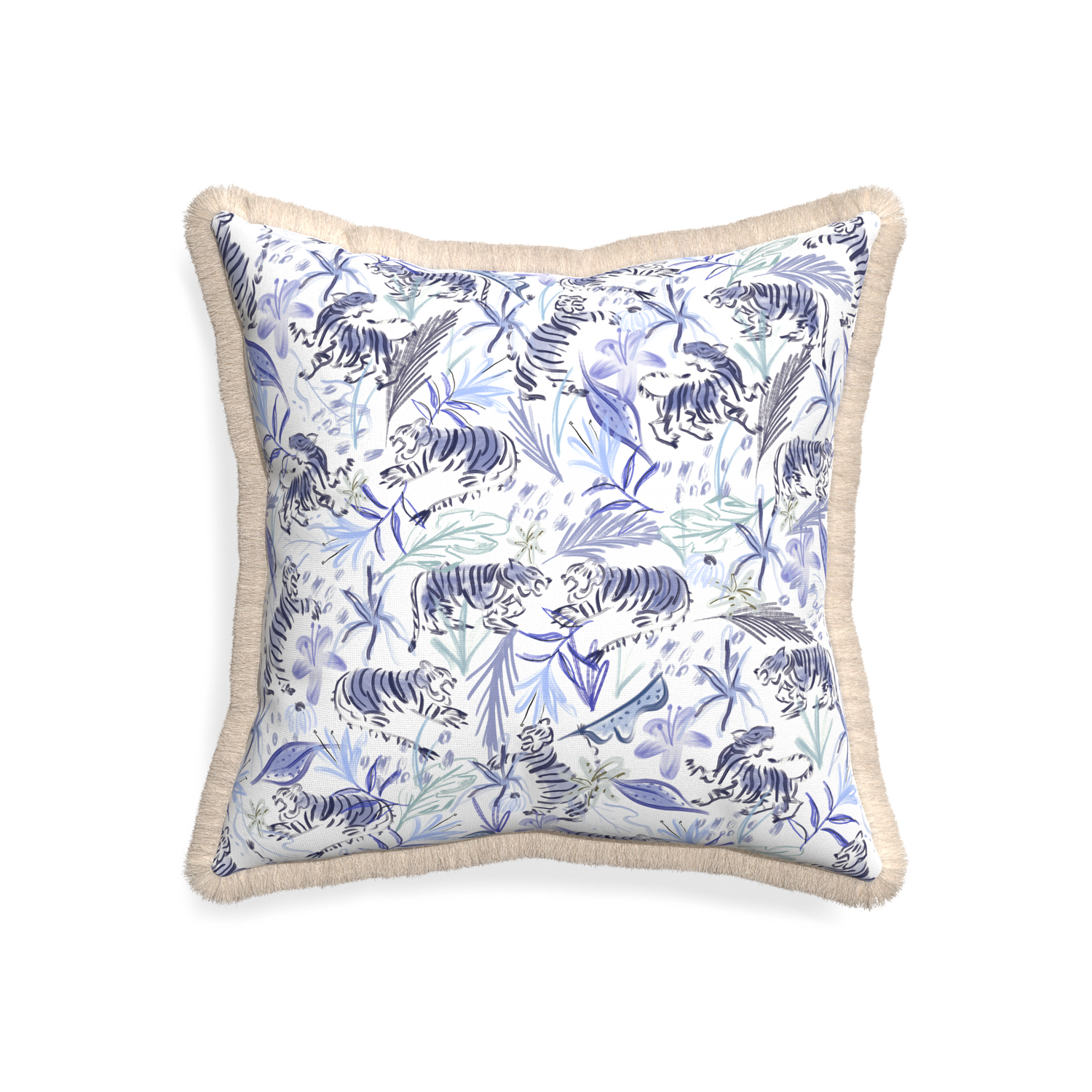 20-square frida blue custom blue with intricate tiger designpillow with cream fringe on white background