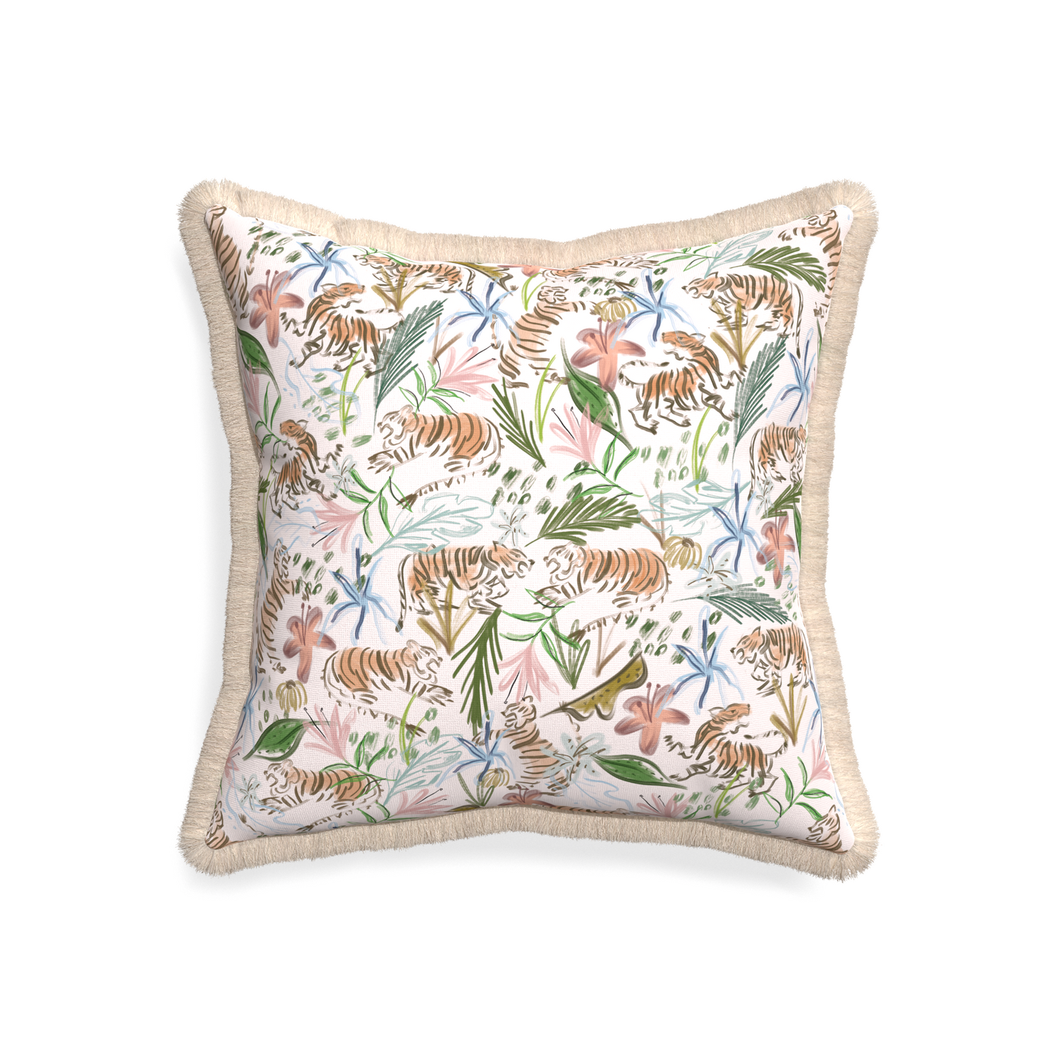20-square frida pink custom pink chinoiserie tigerpillow with cream fringe on white background