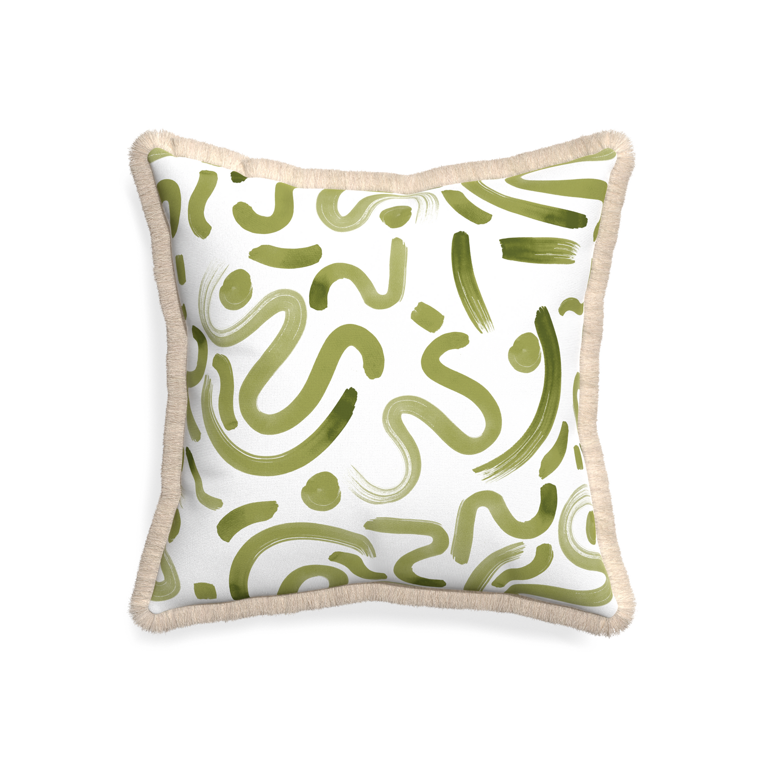 20-square hockney moss custom pillow with cream fringe on white background