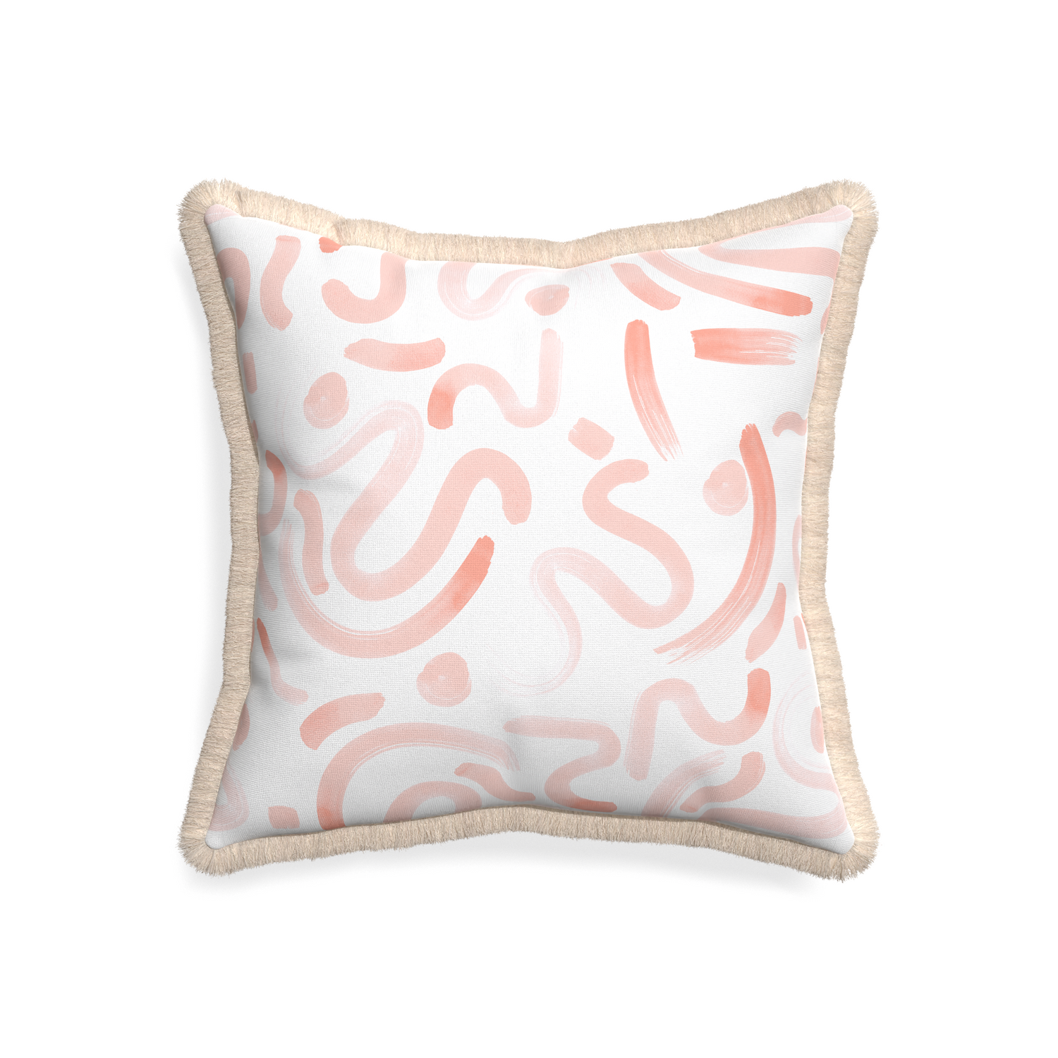 20-square hockney pink custom pillow with cream fringe on white background