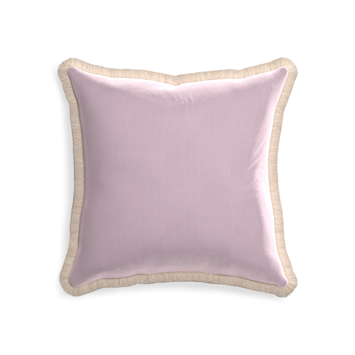 20-square lilac velvet custom pillow with cream fringe on white background