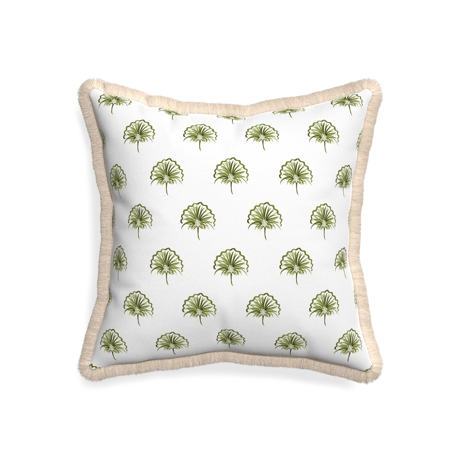 20-square penelope moss custom green floralpillow with cream fringe on white background