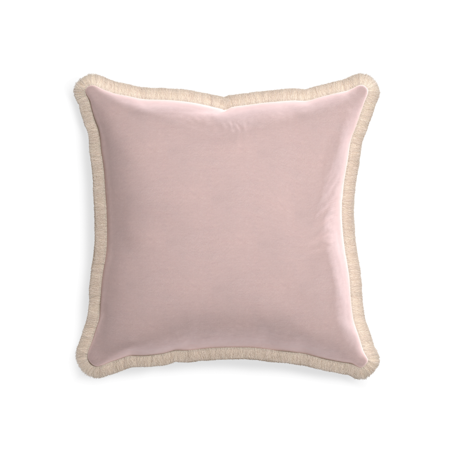 20-square rose velvet custom pillow with cream fringe on white background
