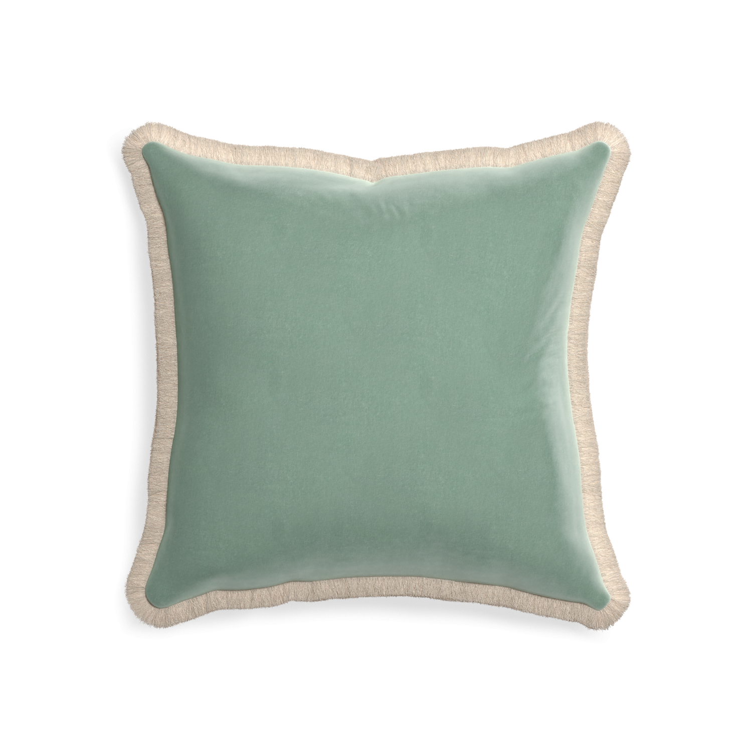 square blue green velvet pillow with cream fringe
