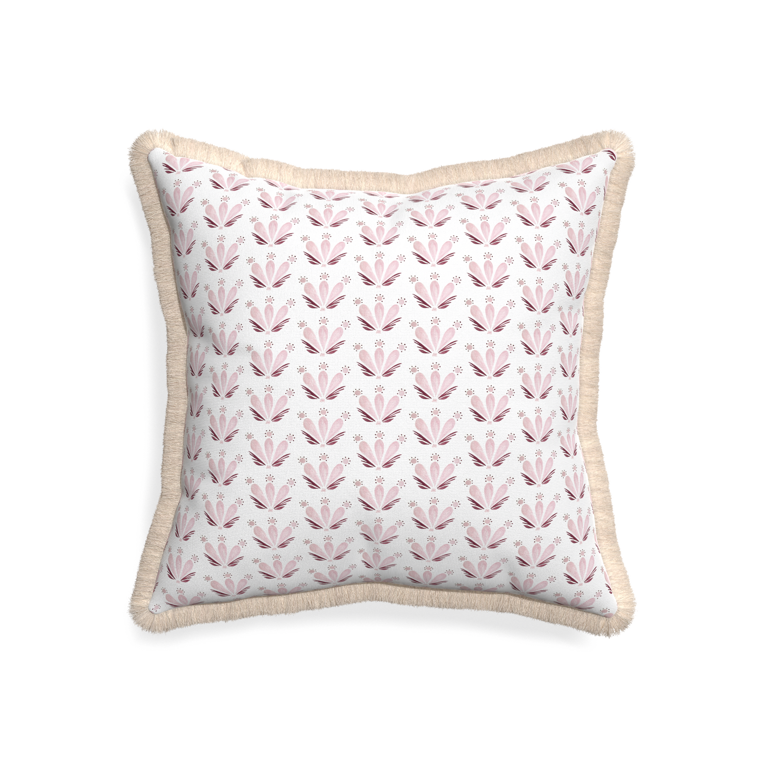 20-square serena pink custom pink & burgundy drop repeat floralpillow with cream fringe on white background