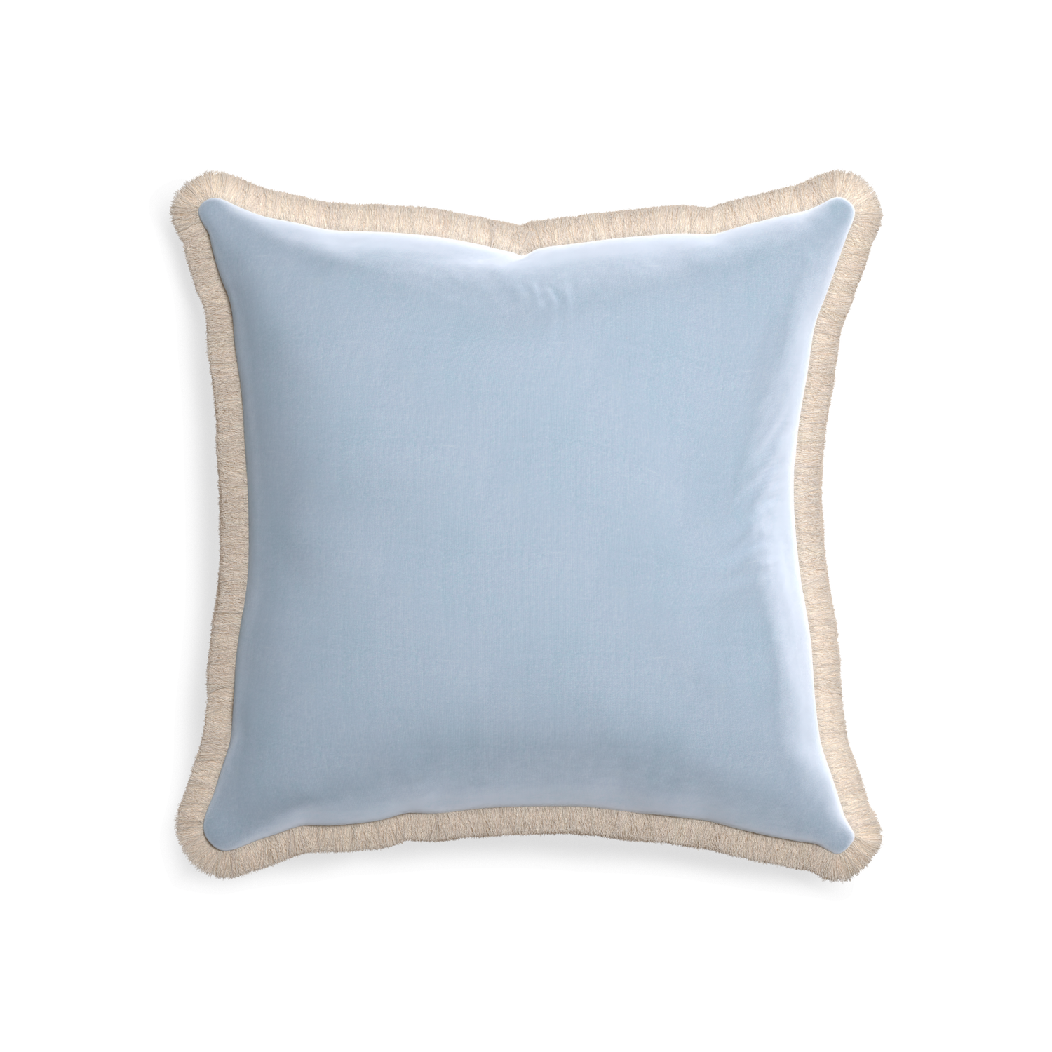 20-square sky velvet custom pillow with cream fringe on white background