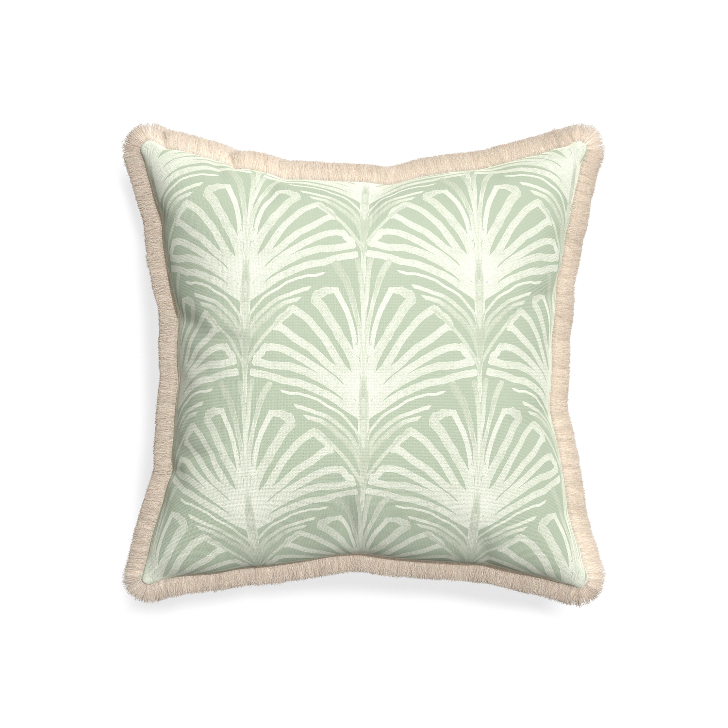20-square suzy sage custom sage green palmpillow with cream fringe on white background