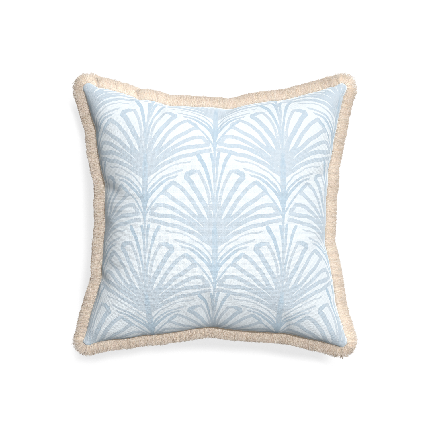 20-square suzy sky custom pillow with cream fringe on white background