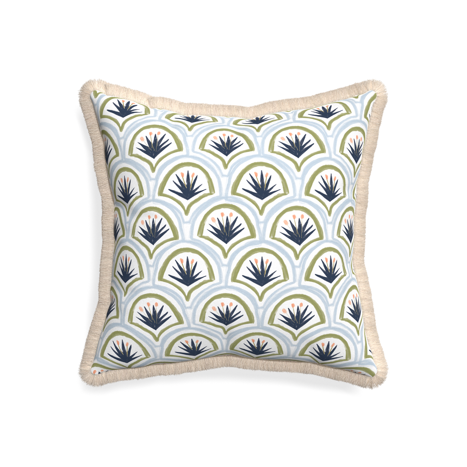 20-square thatcher midnight custom art deco palm patternpillow with cream fringe on white background