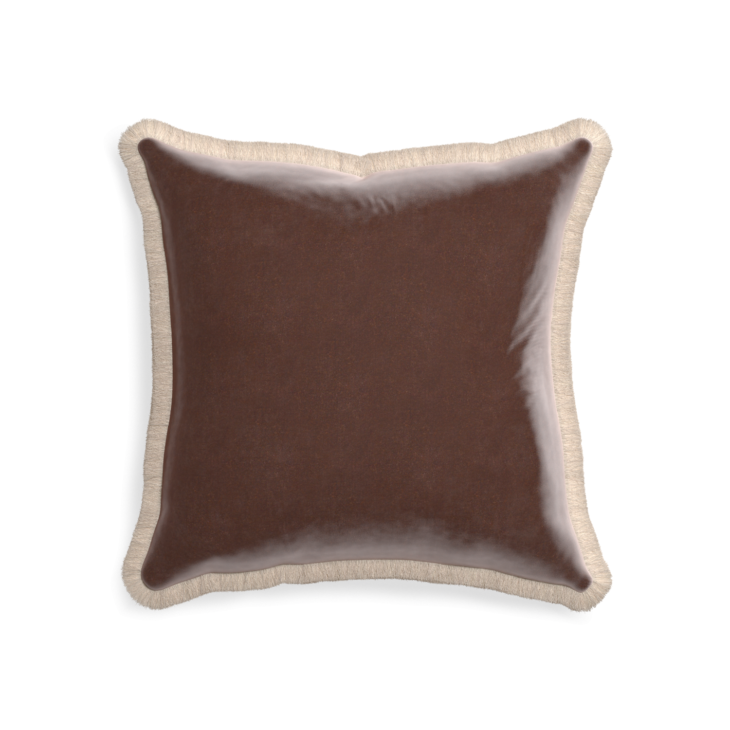 20-square walnut velvet custom pillow with cream fringe on white background