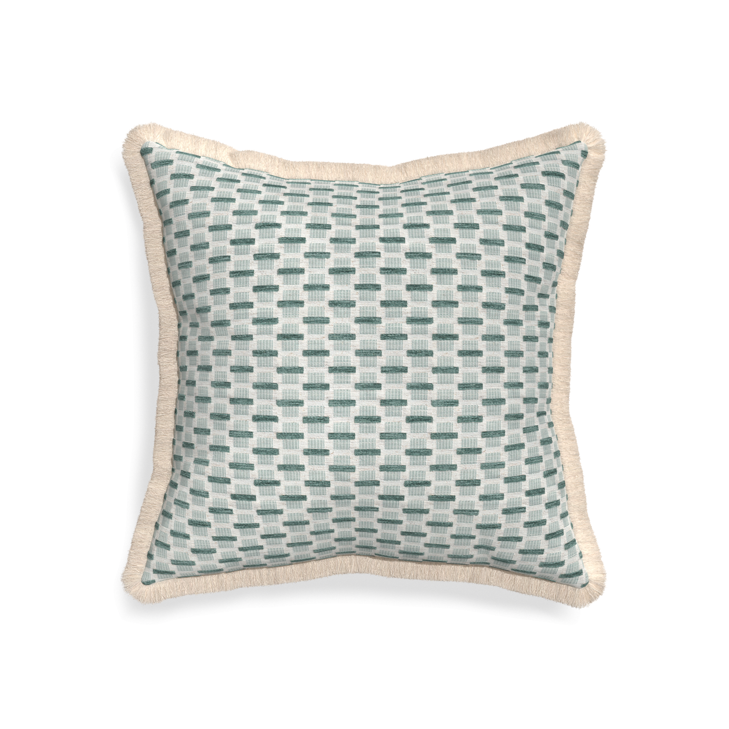 20-square willow mint custom green geometric chenillepillow with cream fringe on white background