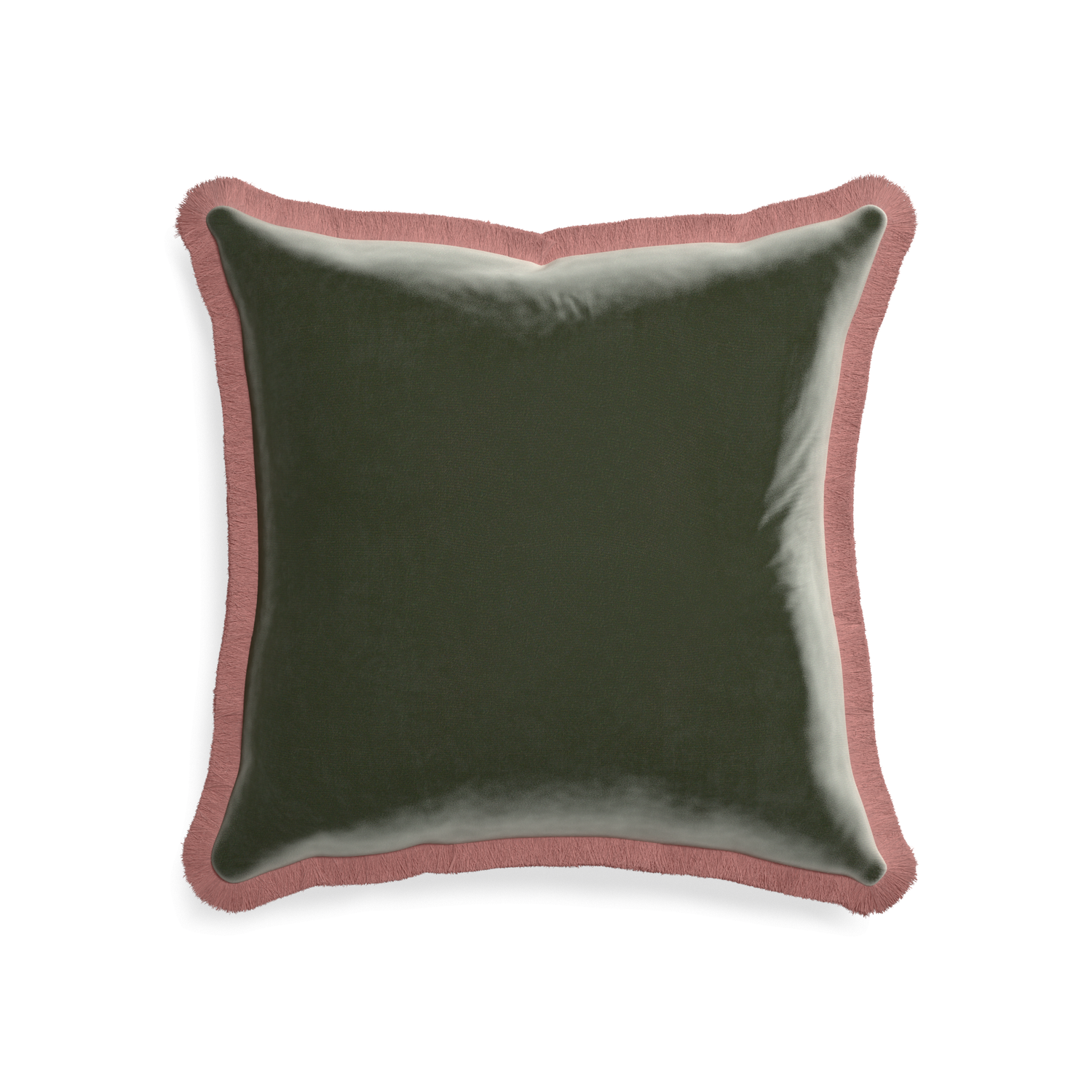 square fern green velvet pillow with dusty rose fringe