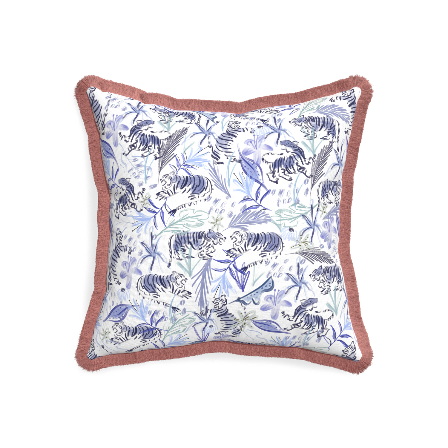 20-square frida blue custom blue with intricate tiger designpillow with d fringe on white background