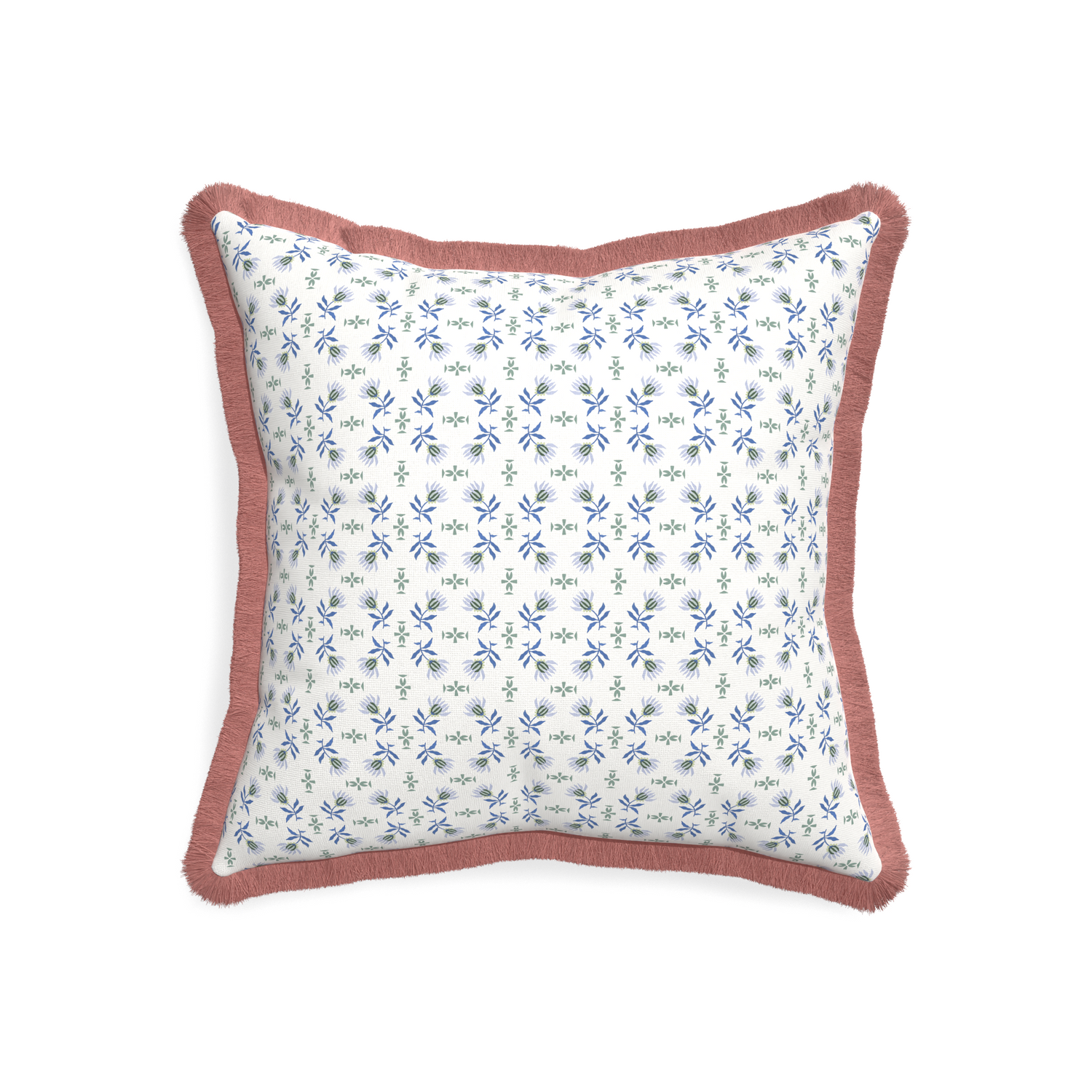 20-square lee custom blue & green floralpillow with d fringe on white background