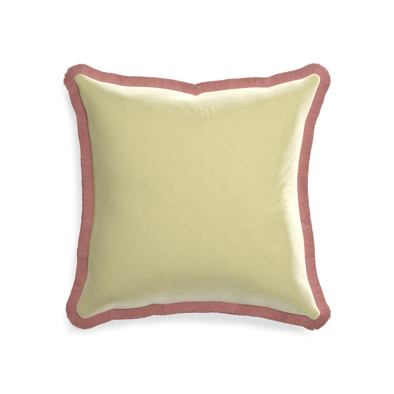 square light green pillow with dusty rose pink fringe