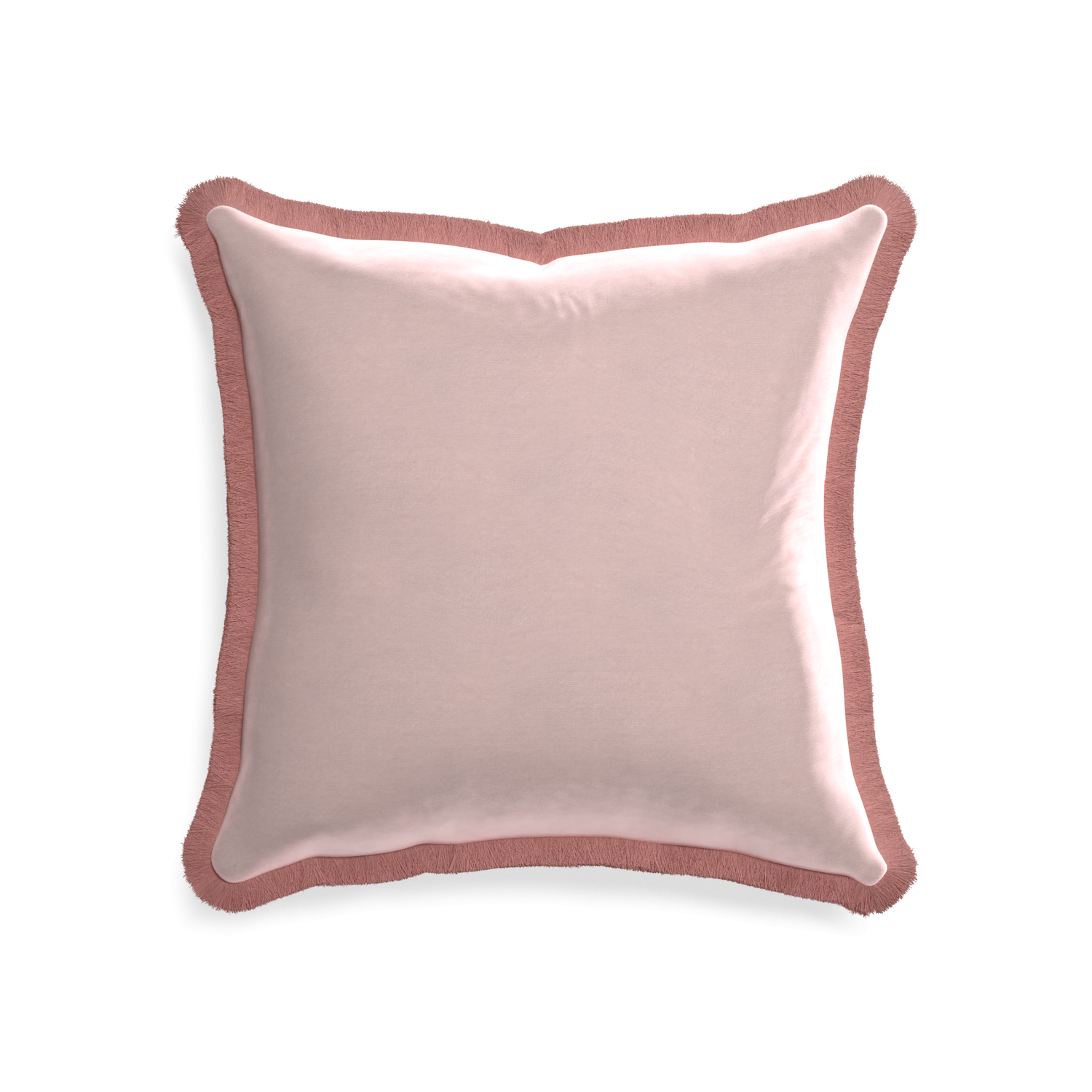 20-square rose velvet custom pillow with d fringe on white background