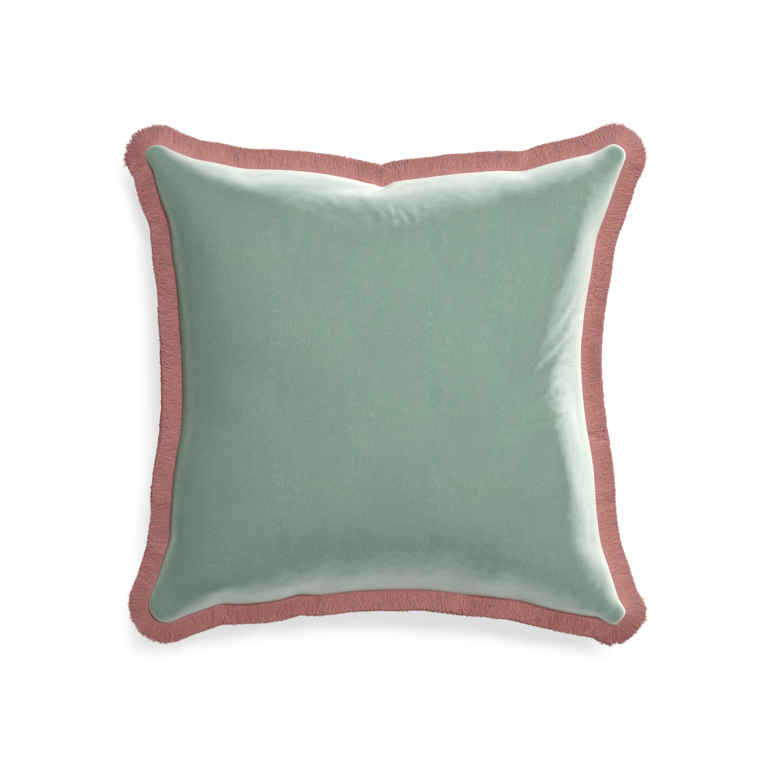 square blue green velvet pillow with dusty rose fringe
