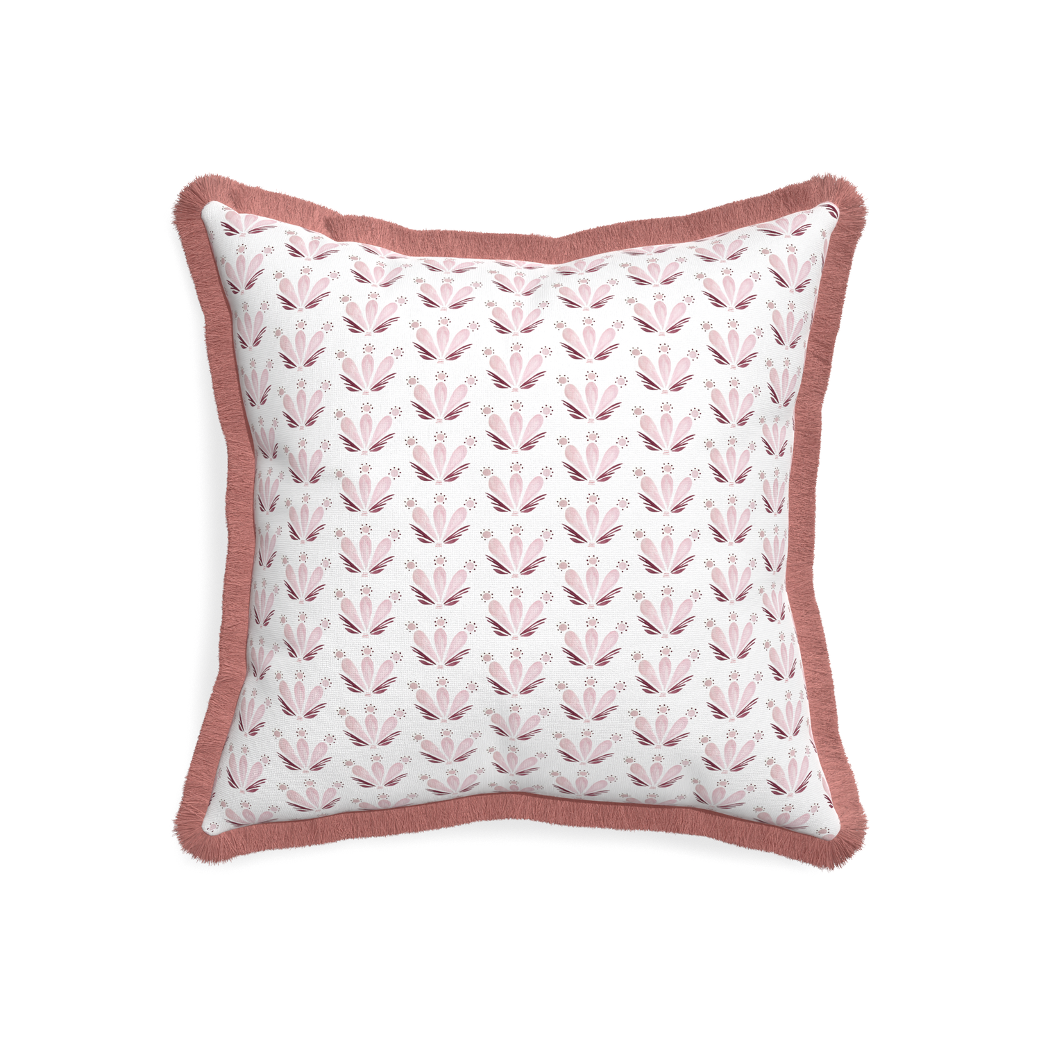 20-square serena pink custom pink & burgundy drop repeat floralpillow with d fringe on white background