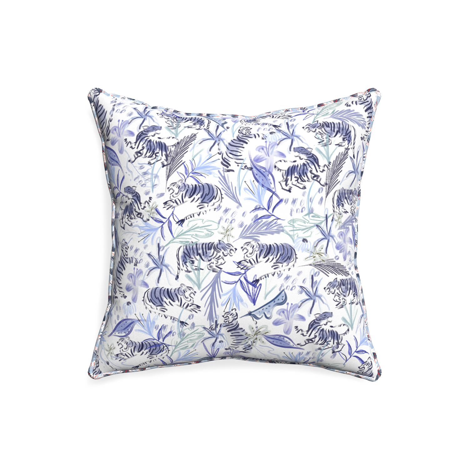 20-square frida blue custom blue with intricate tiger designpillow with e piping on white background