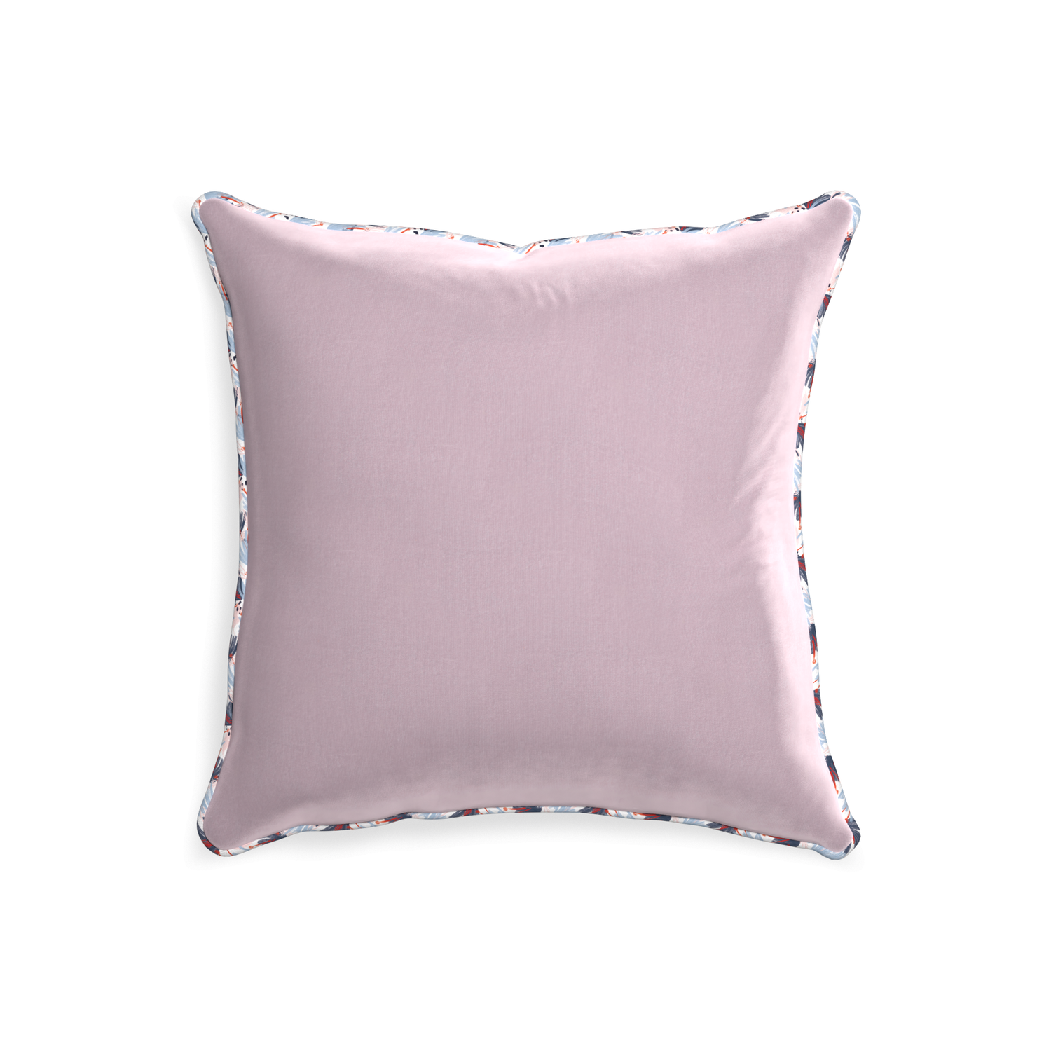 20-square lilac velvet custom pillow with e piping on white background